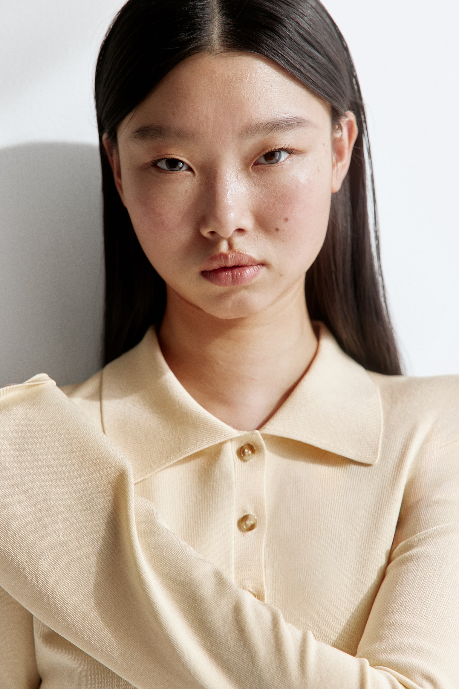 Fine-knit button-front top - Light beige - 7