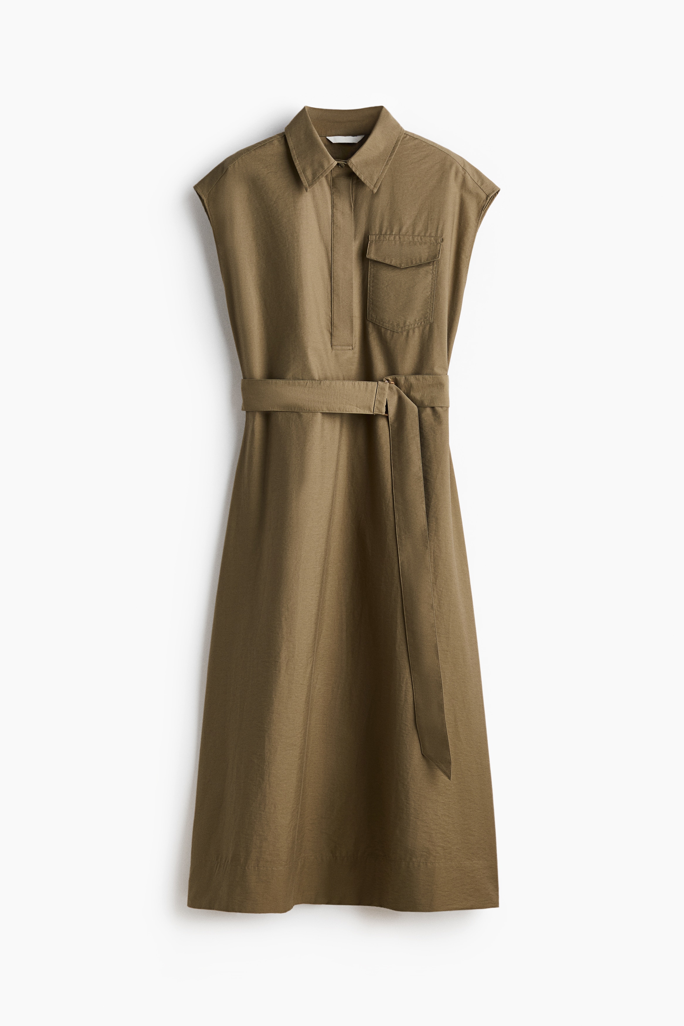 Tie-Belt Dress with Collar - Khaki green/Brown