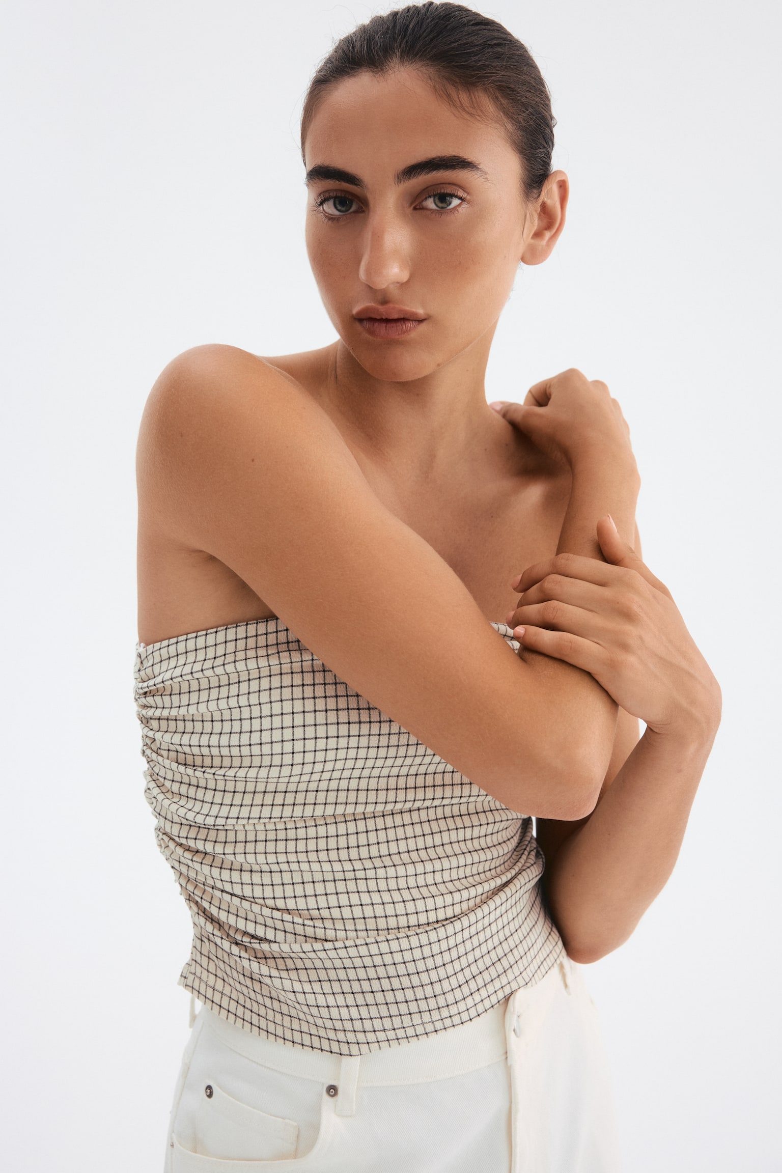 Gedrapeerde tubetop - Lichtbeige/geruit - 2