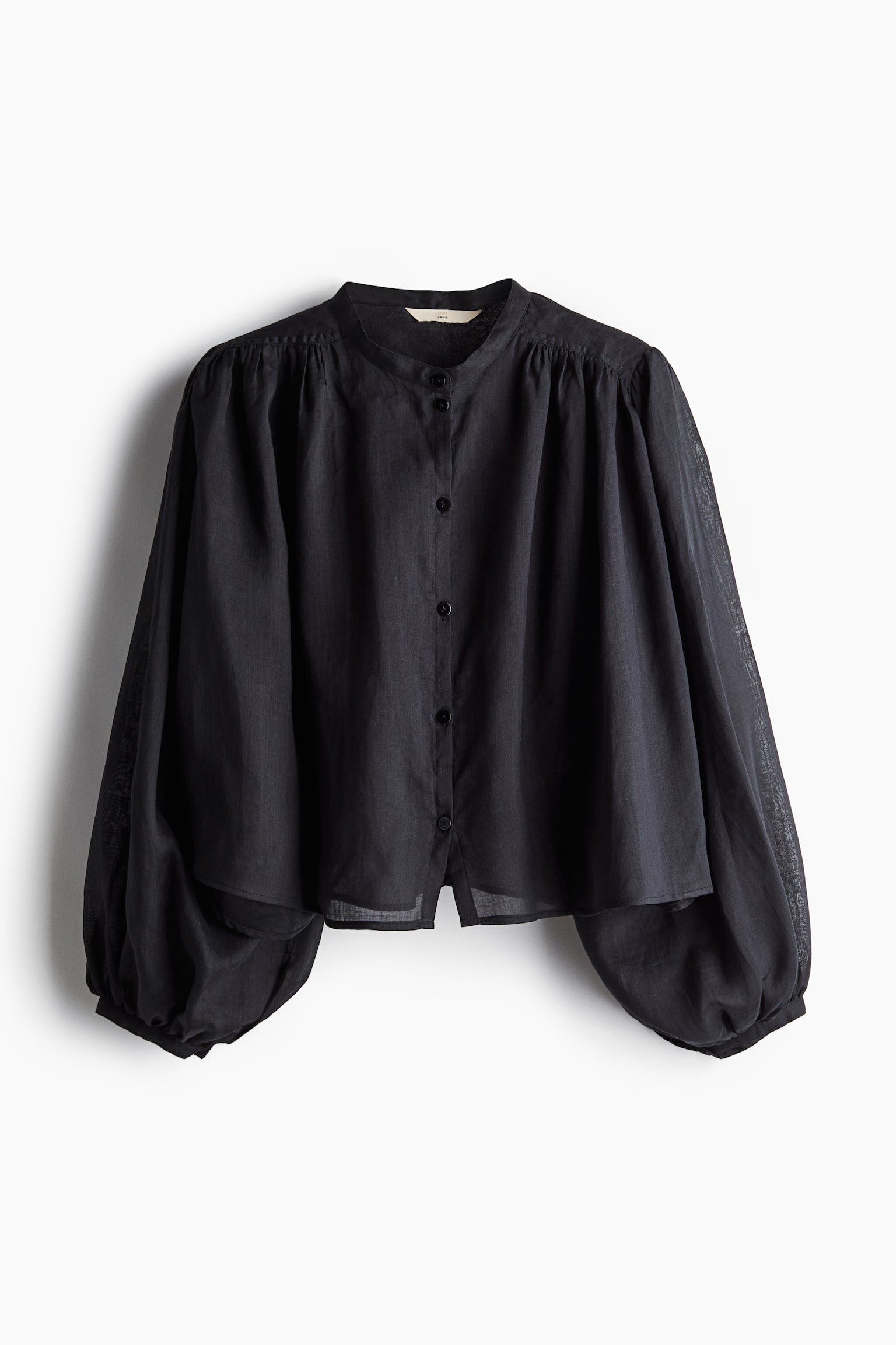 Balloon Sleeve Ramie Blouse - Black - 2