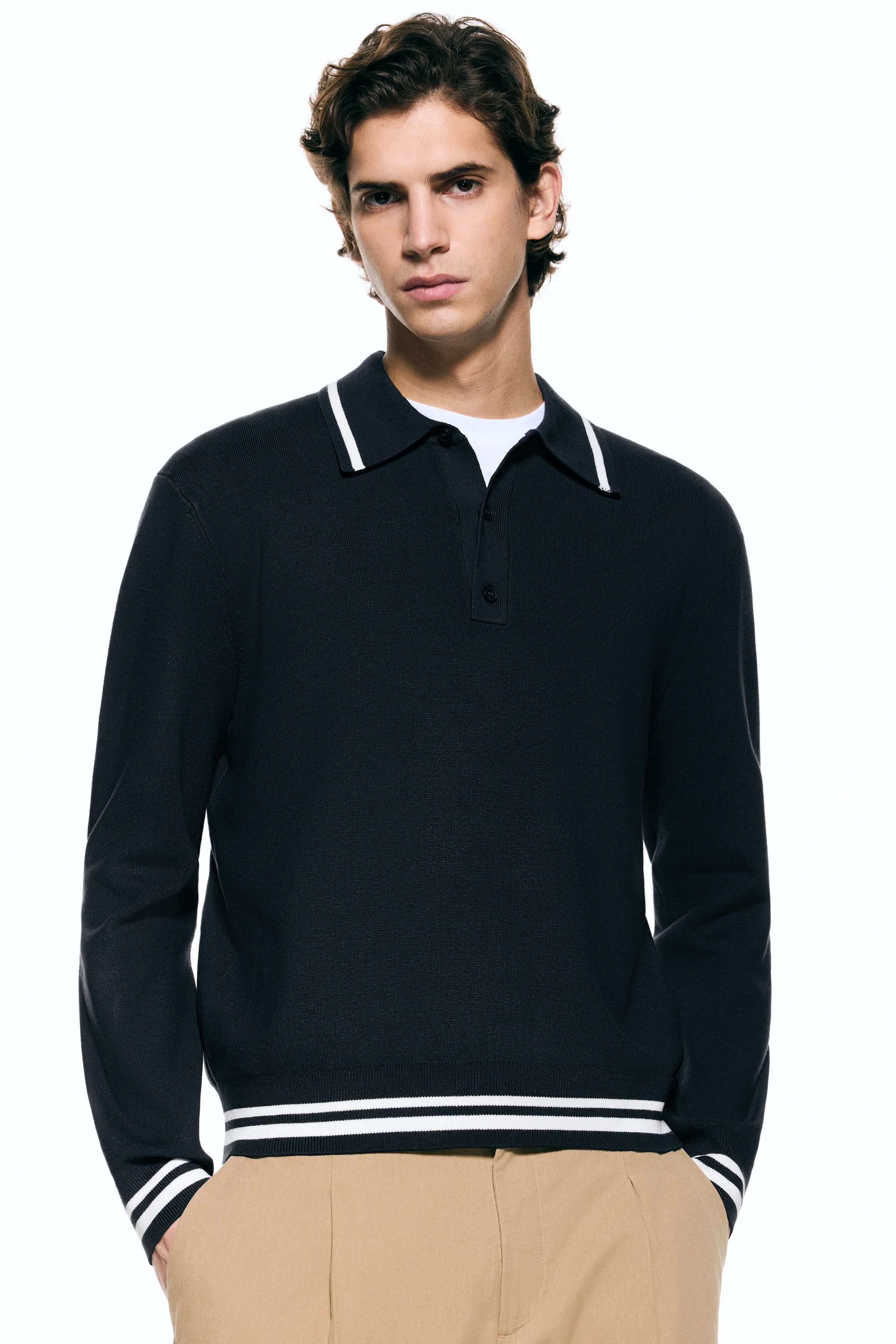 Relaxed Fit Langermet polotrøye - Mørk blå/Striper/Mørk grå/Striper