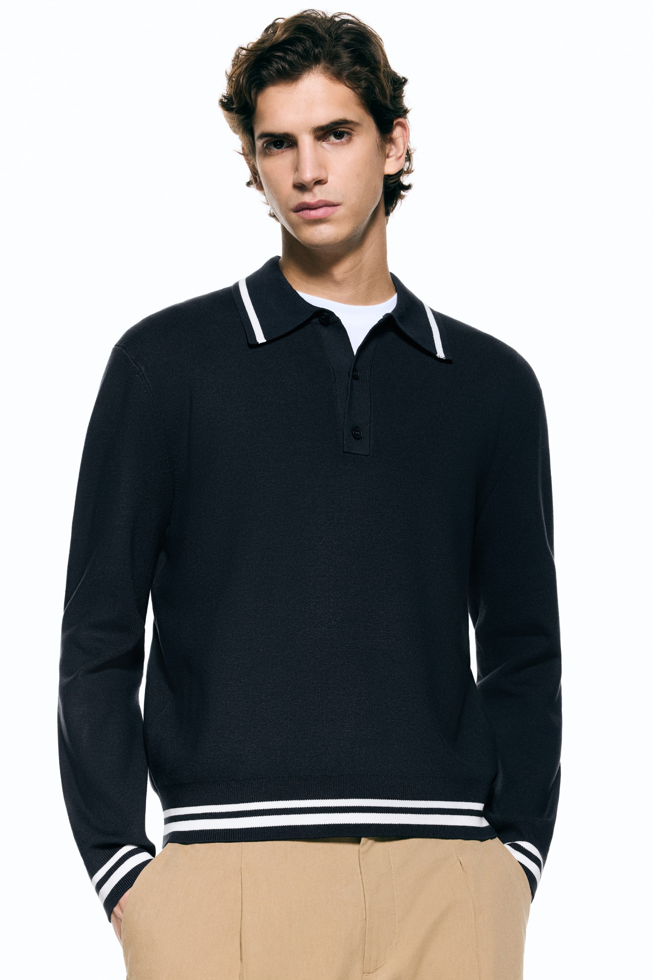 View larger image: Relaxed Fit Long-sleeved Polo shirt - Dark blue/Stripes - Men | H&M IN 1