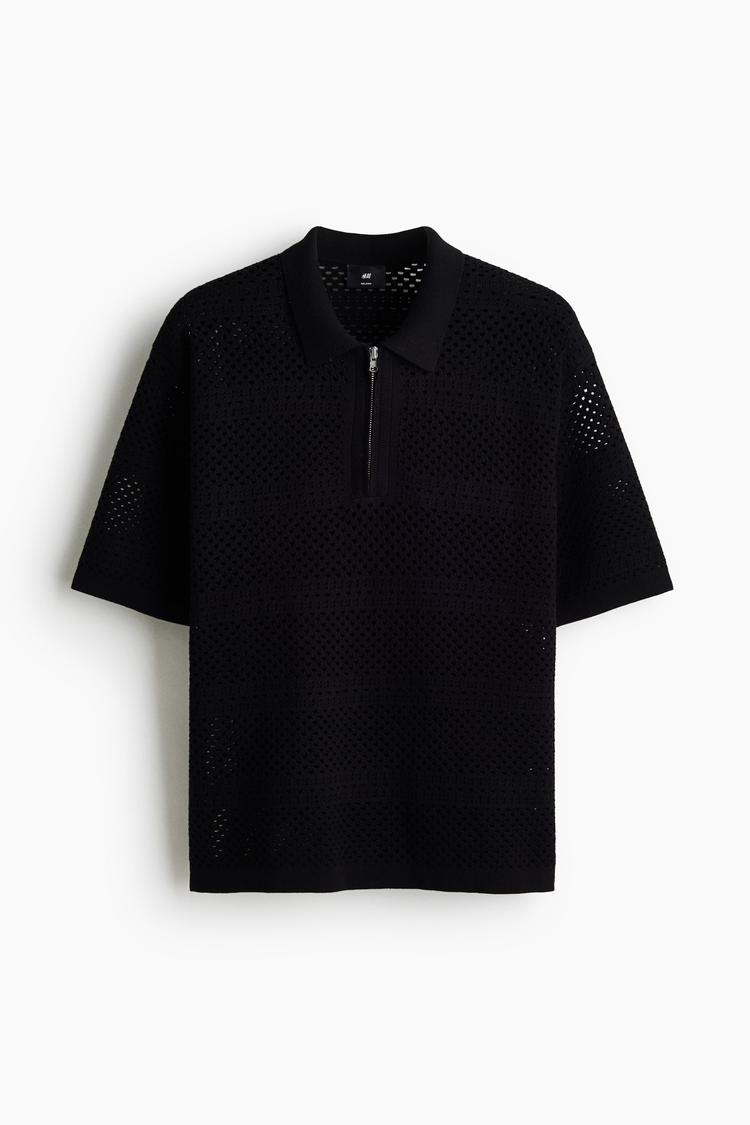 Relaxed-Fit Open-Knit Polo Shirt - Black/Dark taupe - 1