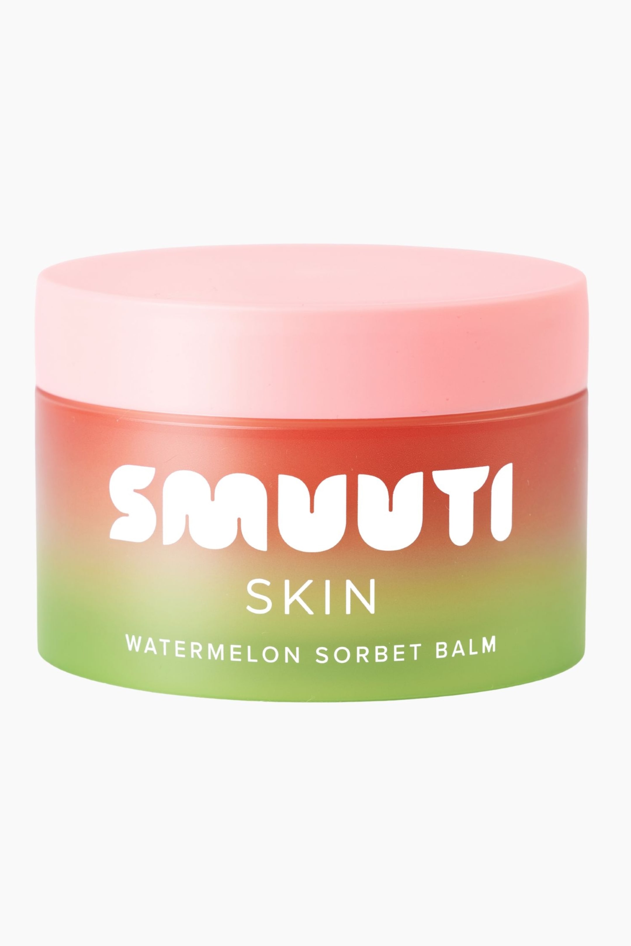 Visa större bild: Watermelon Dew Sorbet Balm står upprätt i en frontvänd vy och har en cylindrisk burk med ett solid ljusrosa lock. Burkkroppen visar en färggradient som övergår från rödaktig korall upptill till ljusgrön nedtill, samtidigt som det vita varumärkesnamnet "SMUUTI SKIN" och produktnamnet "WATERMELON SORBET BALM" visas på framsidan.