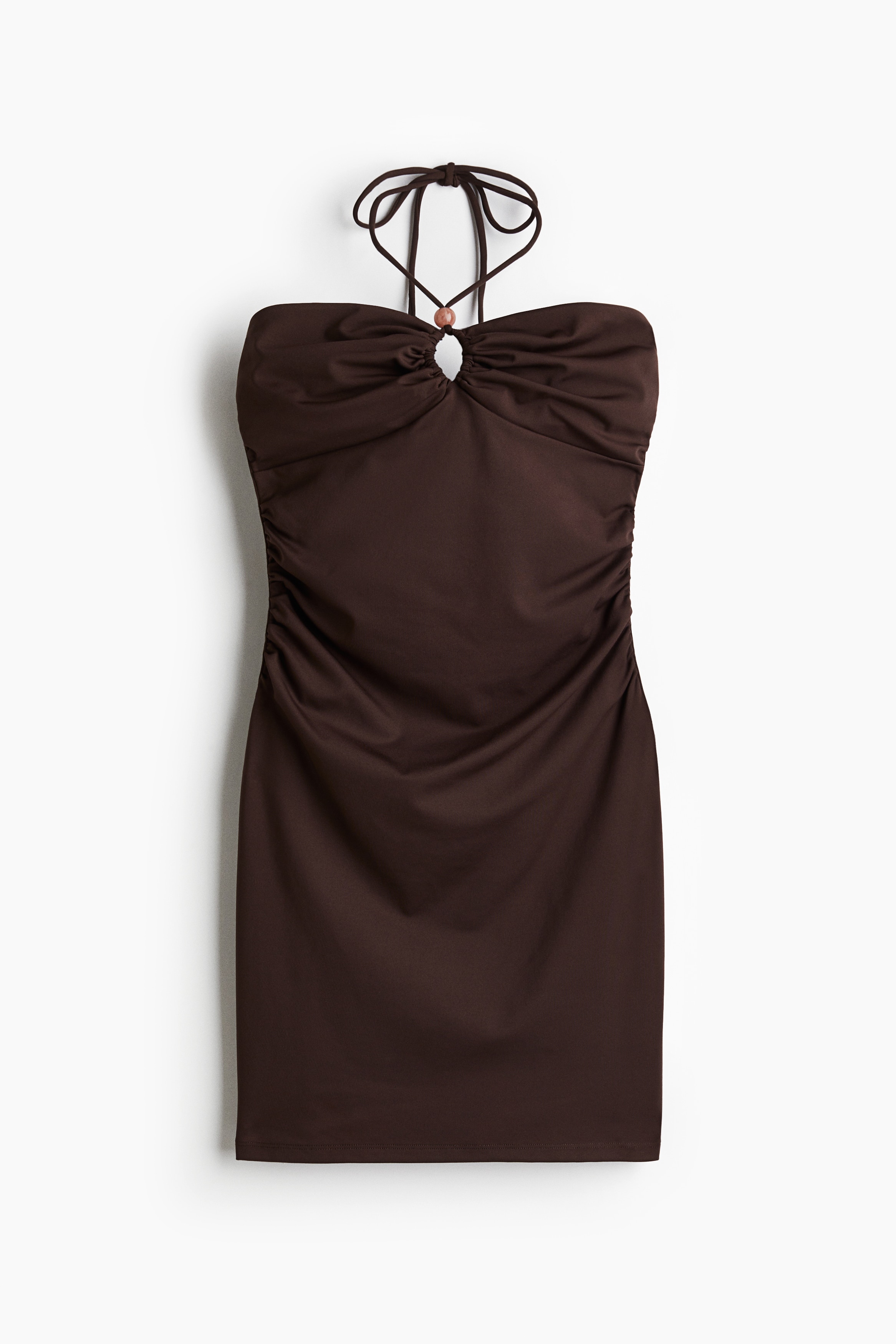 Rochie încrețită cu șnururi la gât - Maro-închis