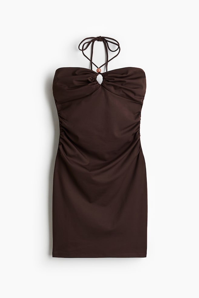 Vestido halter con frunces - Marrón oscuro/Blanco - 1