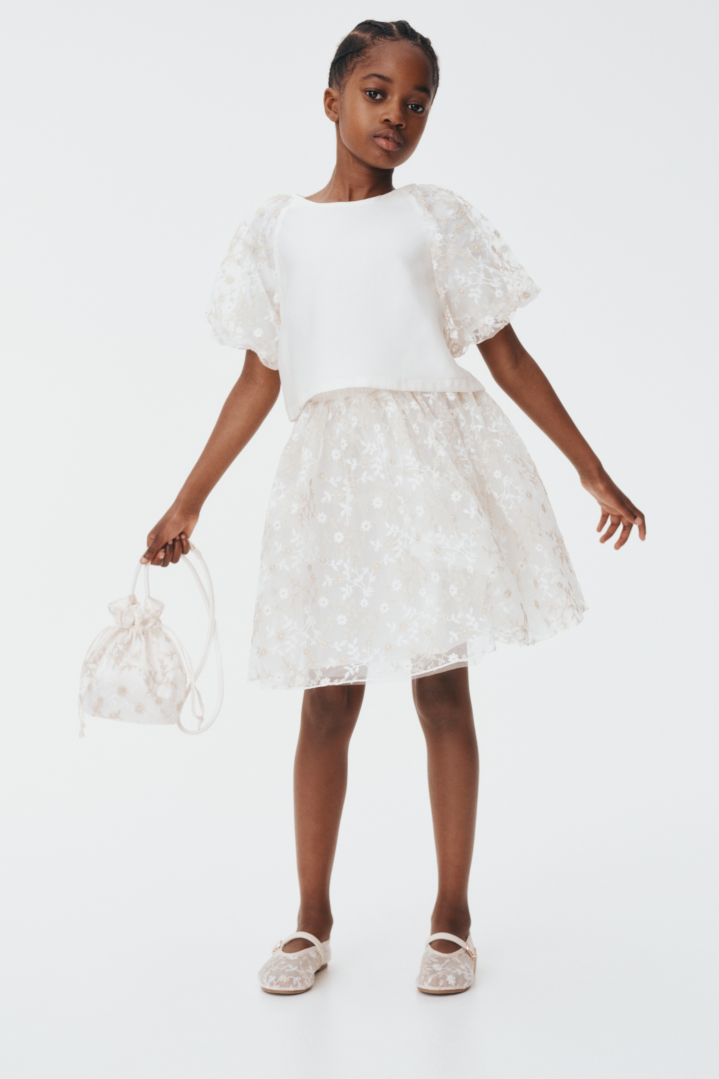 公主袖女衫 - 白色/花朵