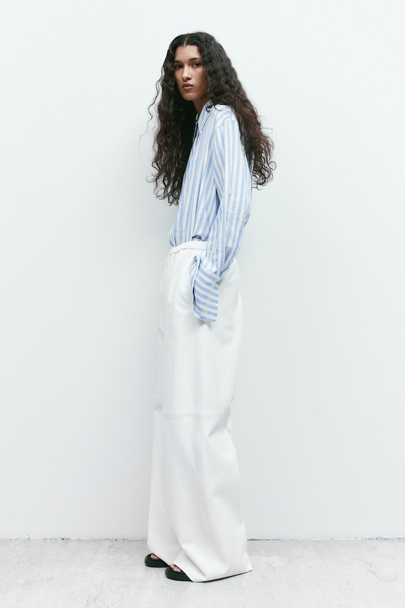 Oversized linen-blend shirt - White/Blue striped/Blue - 5