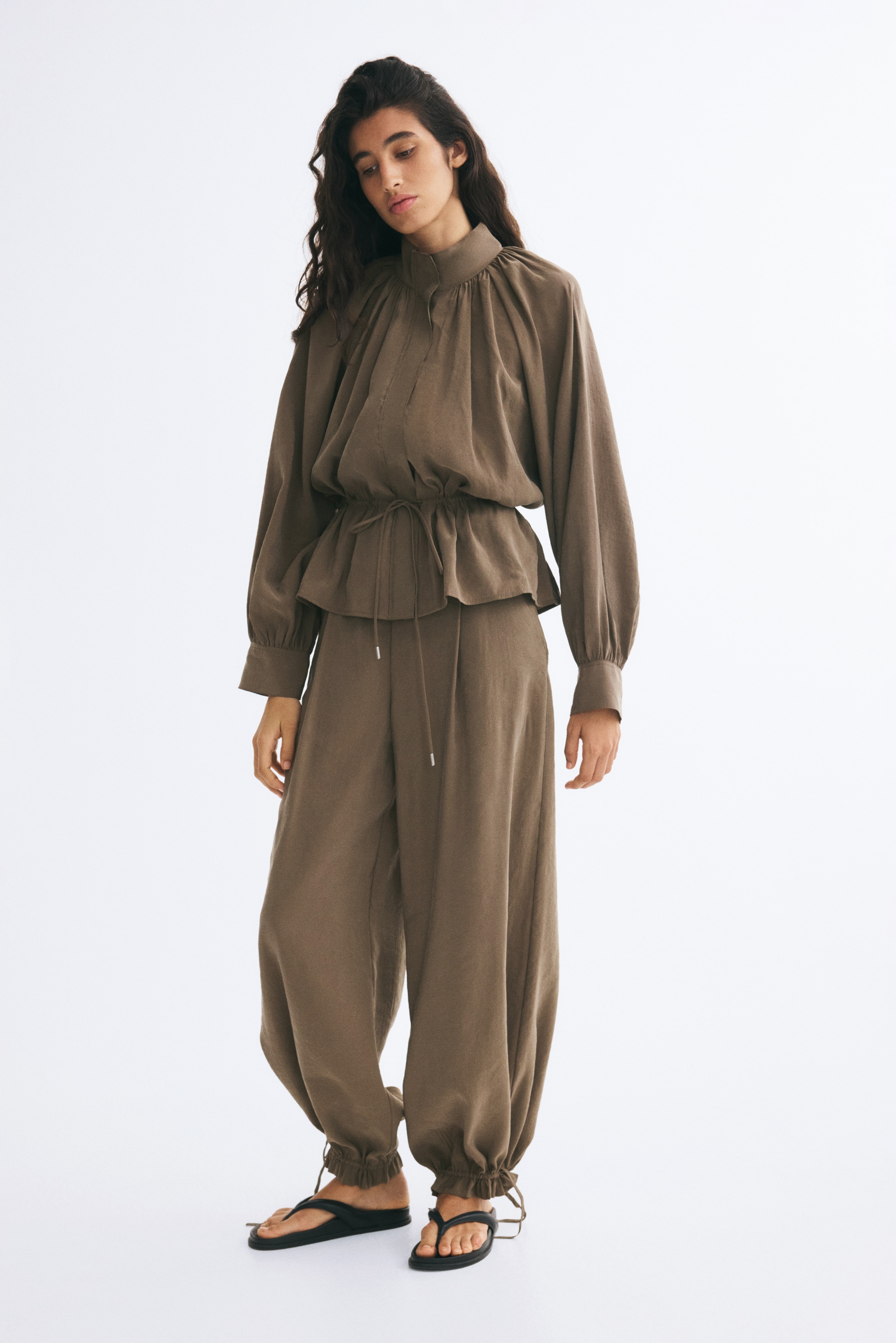 Tie Detail Balloon Pants - Brown/Dark steel blue