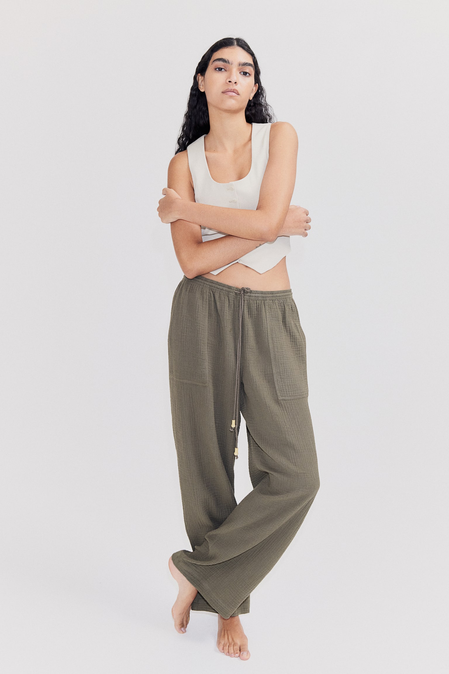 Muslin Pull On Pants - Dark khaki green/Black - 1