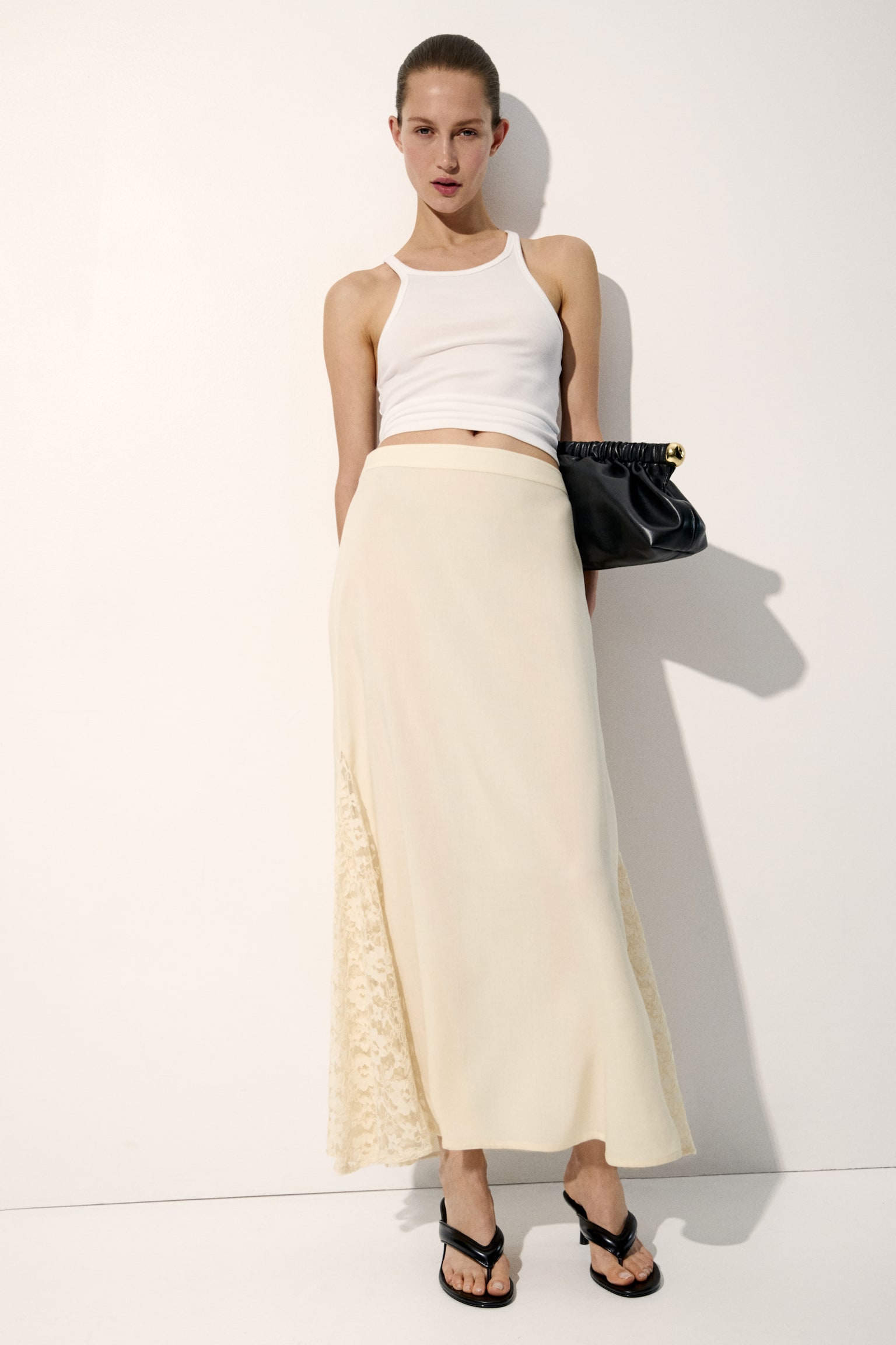 Lace-panel viscose skirt - Cream - 5
