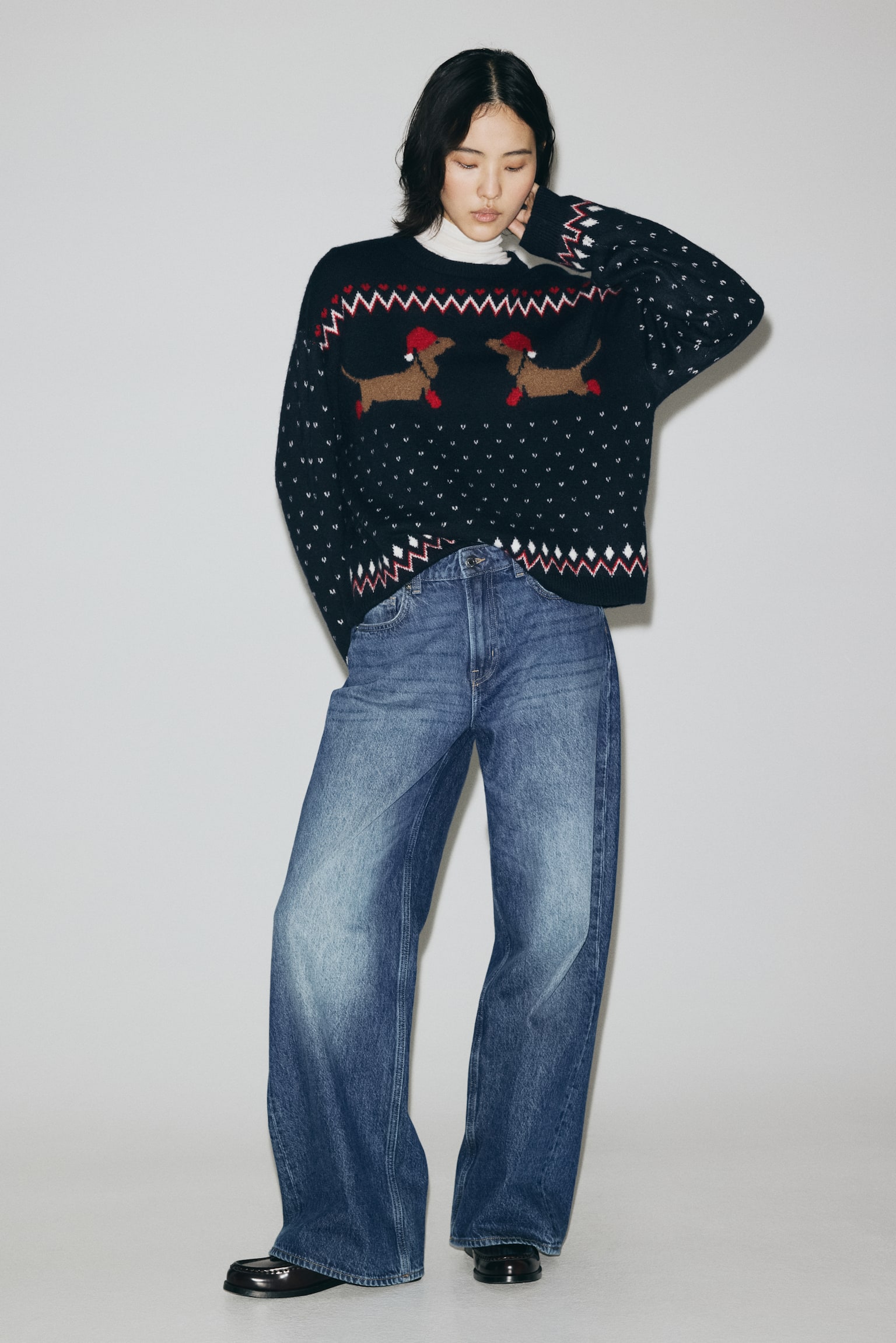 Oversized jacquard-knit jumper - Dark blue/Dachshunds/Dark grey marl/Dog/Red/Patterned - 4
