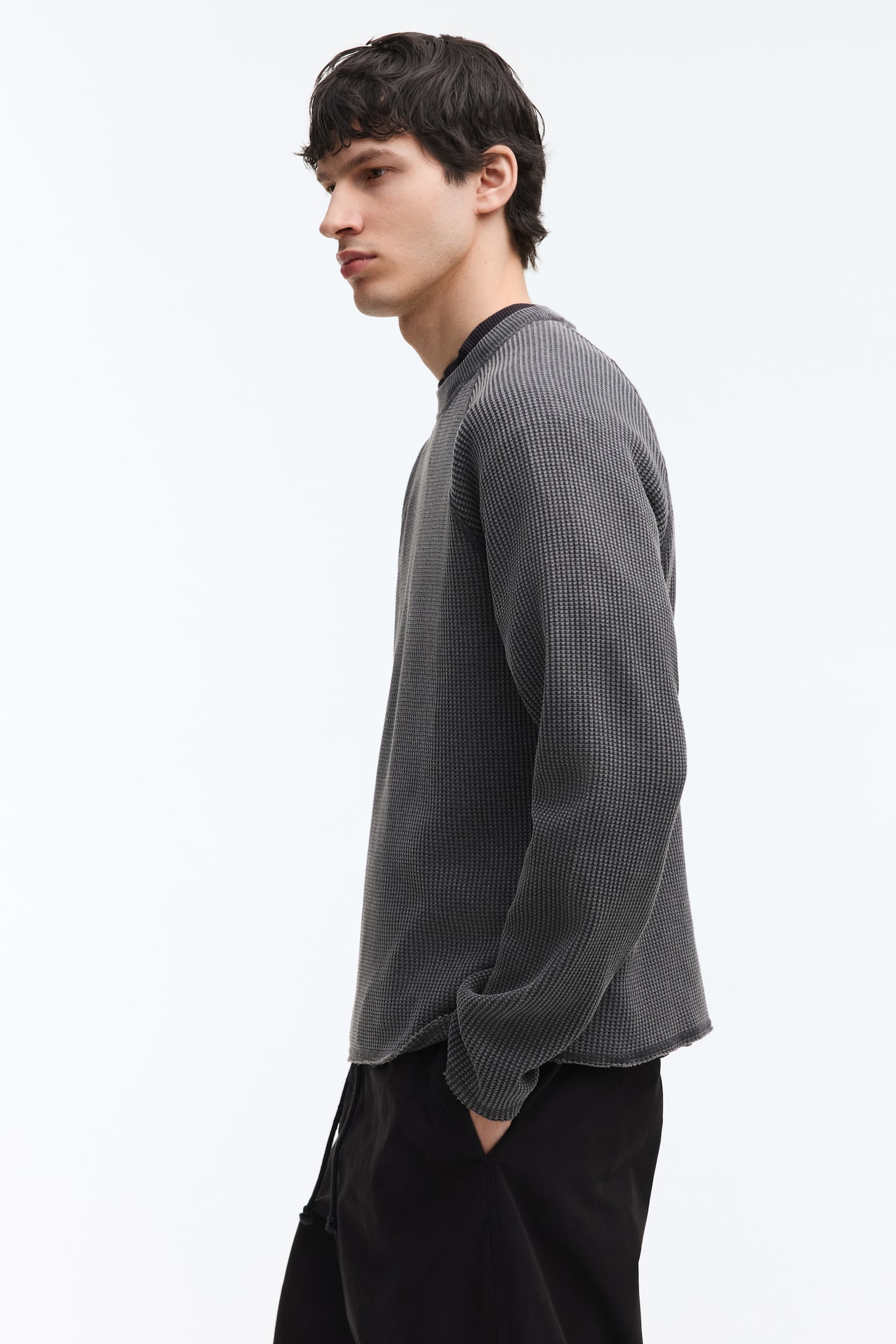 Regular Fit Long-sleeved waffled top - Dark grey - 5