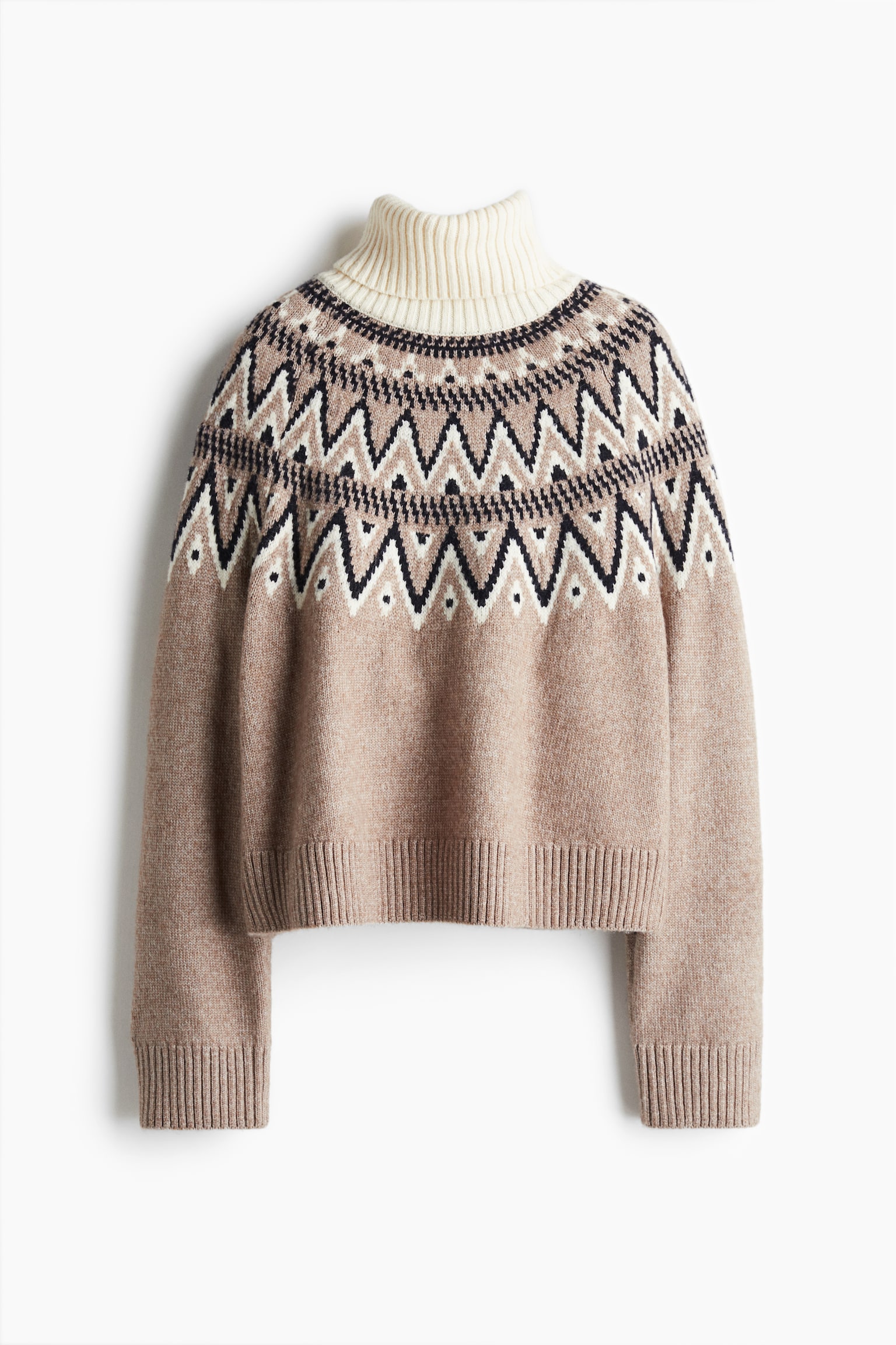 Jacquard-knit polo-neck jumper - Greige/Patterned/Light beige marl/Patterned/Navy blue/Patterned - 2