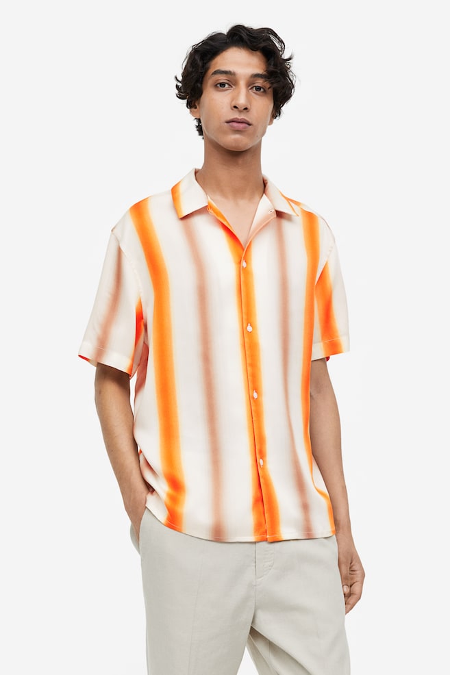 Koszula z krótkim rękawem z lyocellu Regular Fit - Pomarańczowy/Białe paski - 1