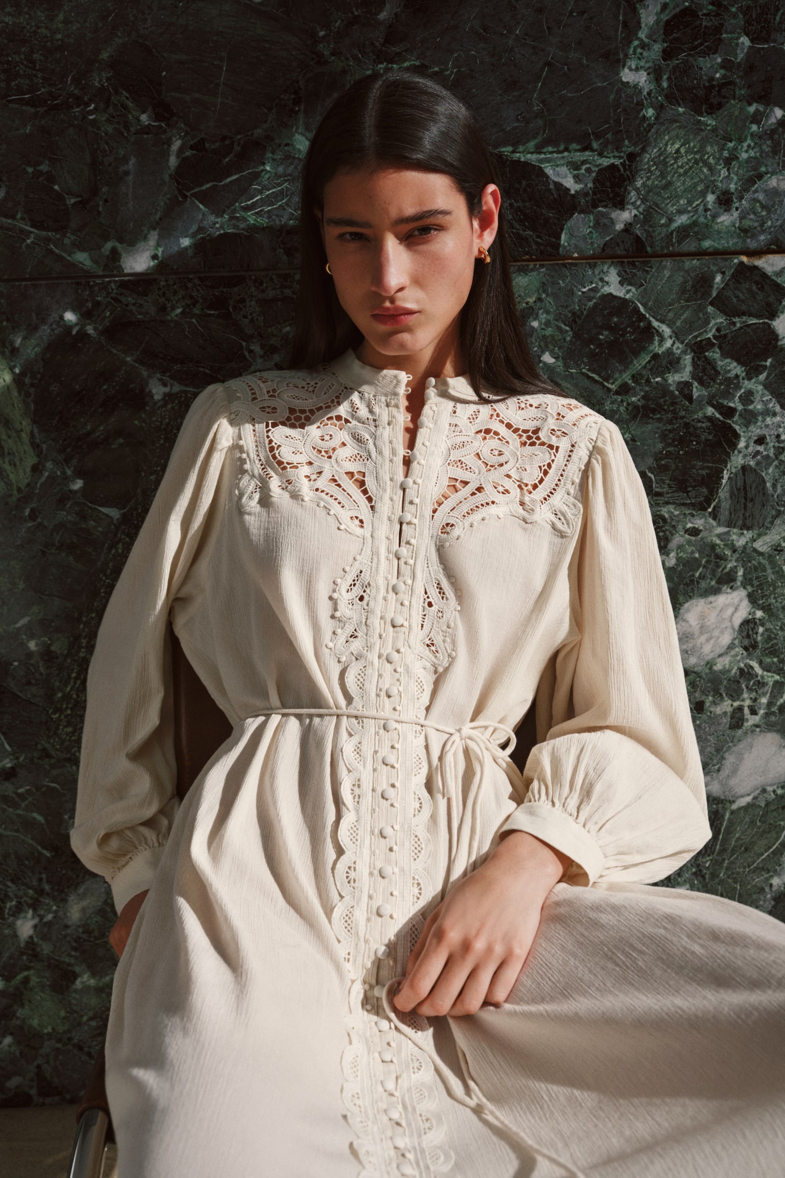 Lace-detail cotton dress - Cream/Light pink/Dark brown - 5