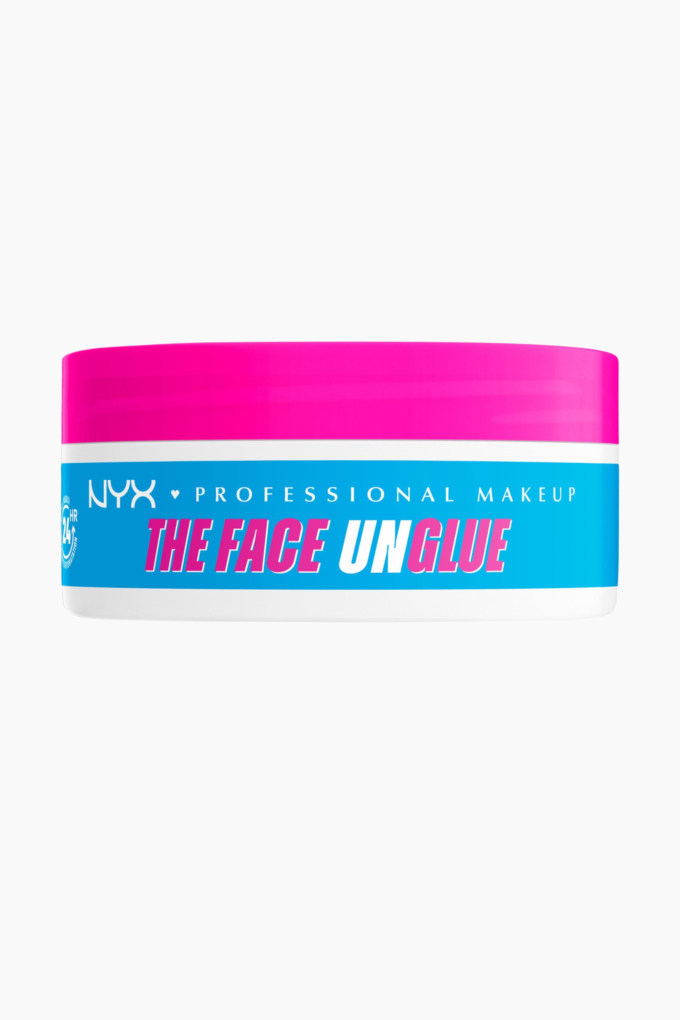 Visa större bild: En rektangulär kosmetikburk med rundade hörn är vänd framåt, med ett ljusrosa lock, en vit kropp och ett centralt blått band. Det blå bandet visar "NYX PROFESSIONAL MAKEUP" i vitt, en "24 HR"-ikon och "THE FACE UNGLUE" i fet rosa text.