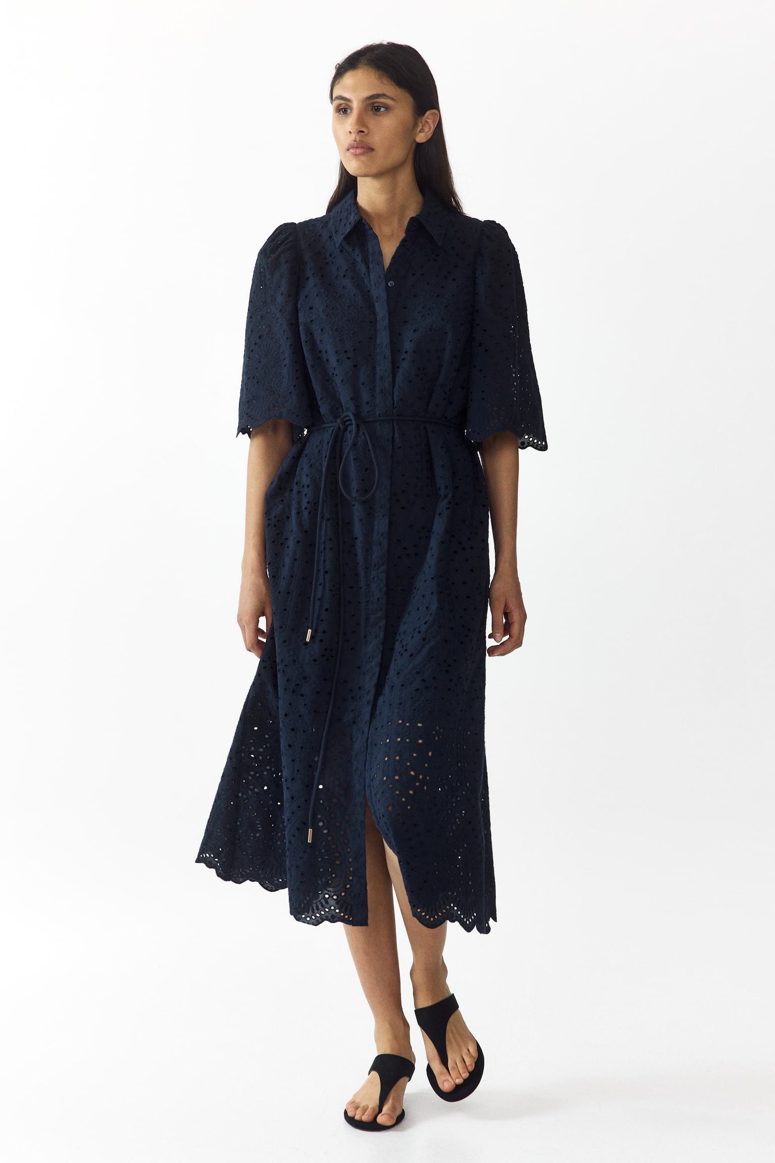 Broderie-anglaise cotton shirt dress-Navy blue - 6
