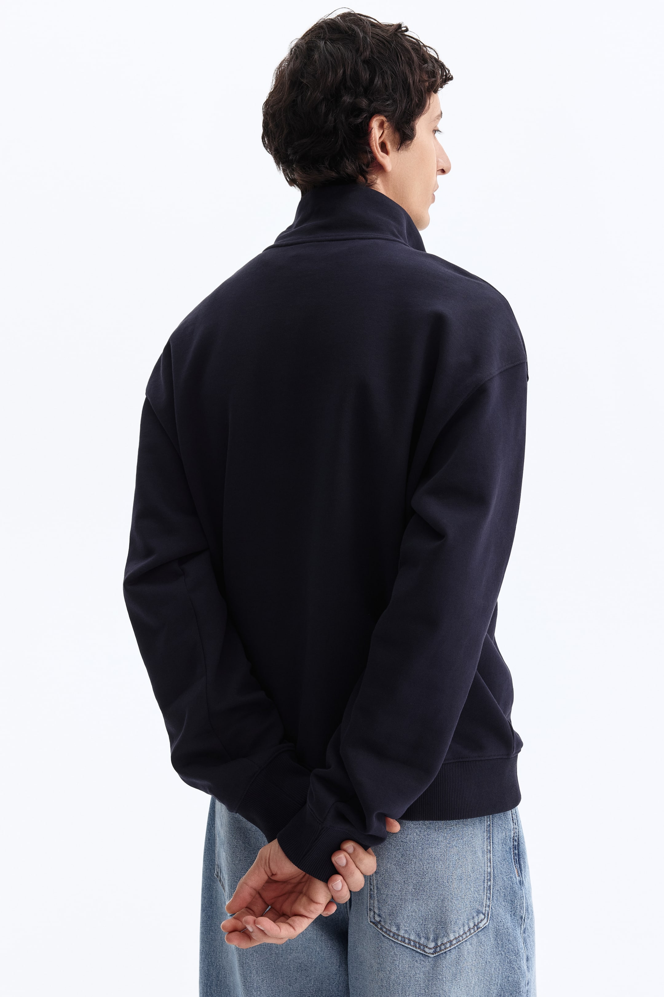 Navy Blue Zip Up Stand Collar Ribbed Thumbhole Sleeve Sweatshirt
