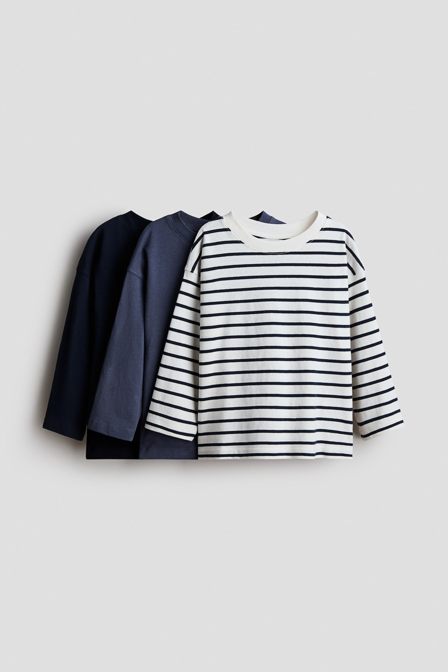 3-pack long-sleeved T-shirts - Navy blue/Striped/White/Green striped