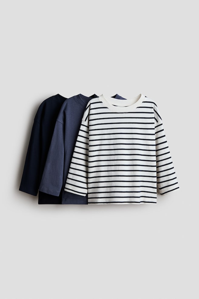 3-pack long-sleeved T-shirts - Navy blue/Striped - 1
