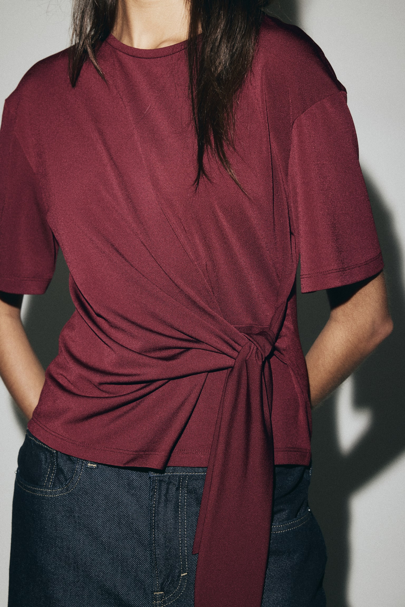 Tie-Detail Top - Burgundy/Black/Dark beige/White - 4