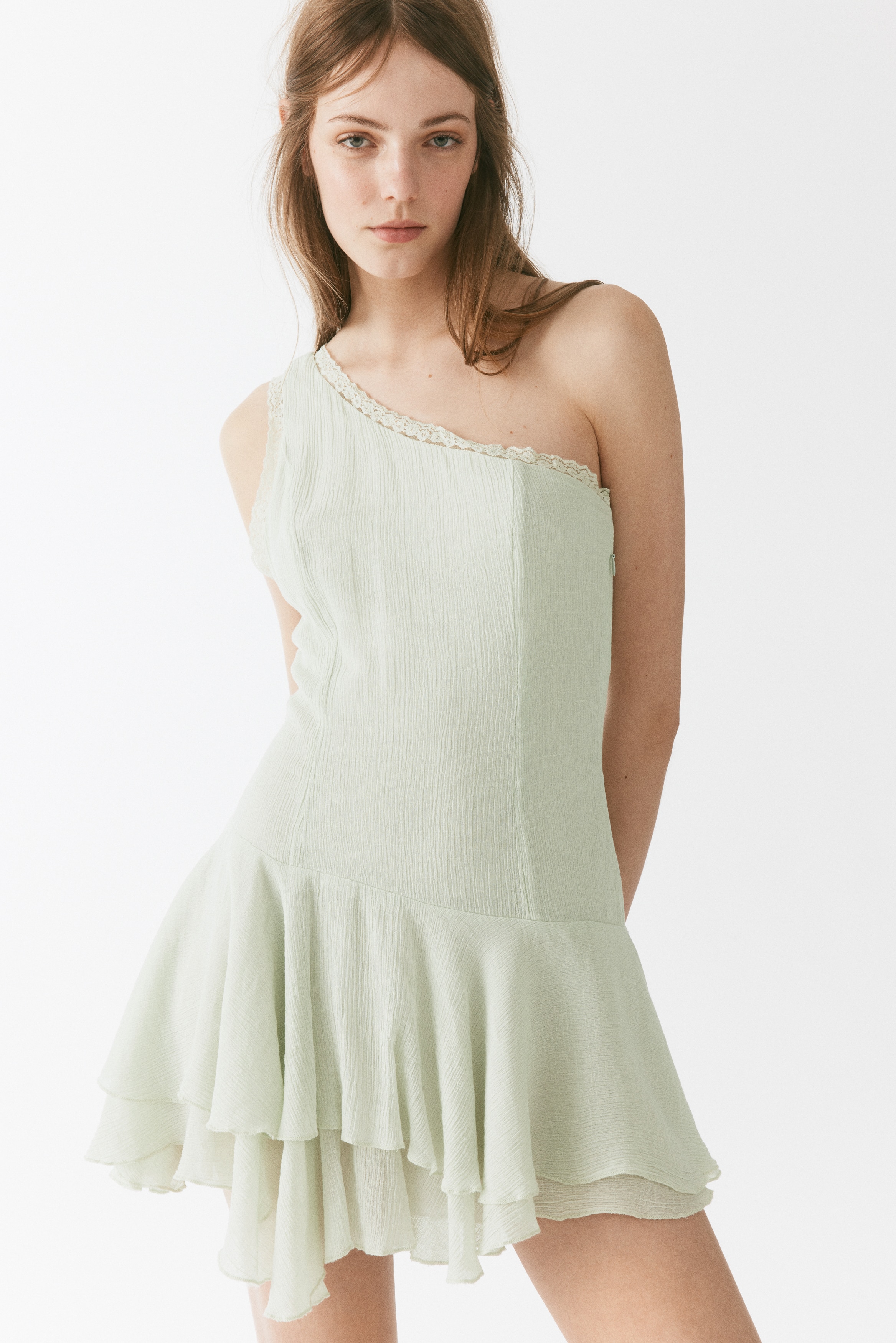 Flounced one-shoulder dressModel