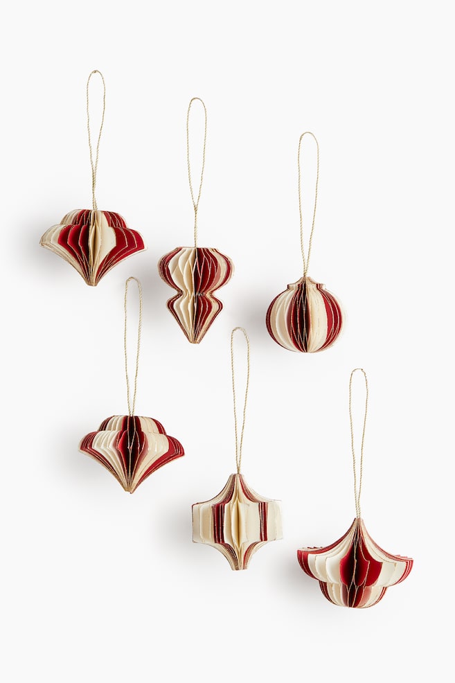 Lot de 6 décorations de Noël en papier - Rouge/rayé/Rouge/rayé/Beige clair/Vert/Vert/rayé/Rouge - 1
