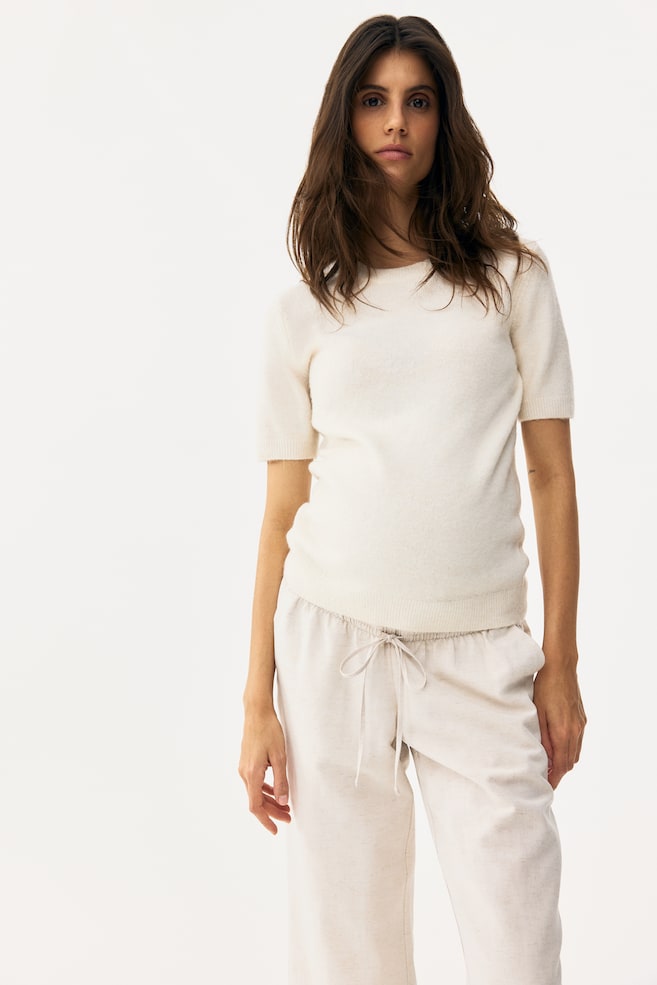 MAMA Linen-Blend Drawstring Pants - Light beige/Black/White/striped - 5