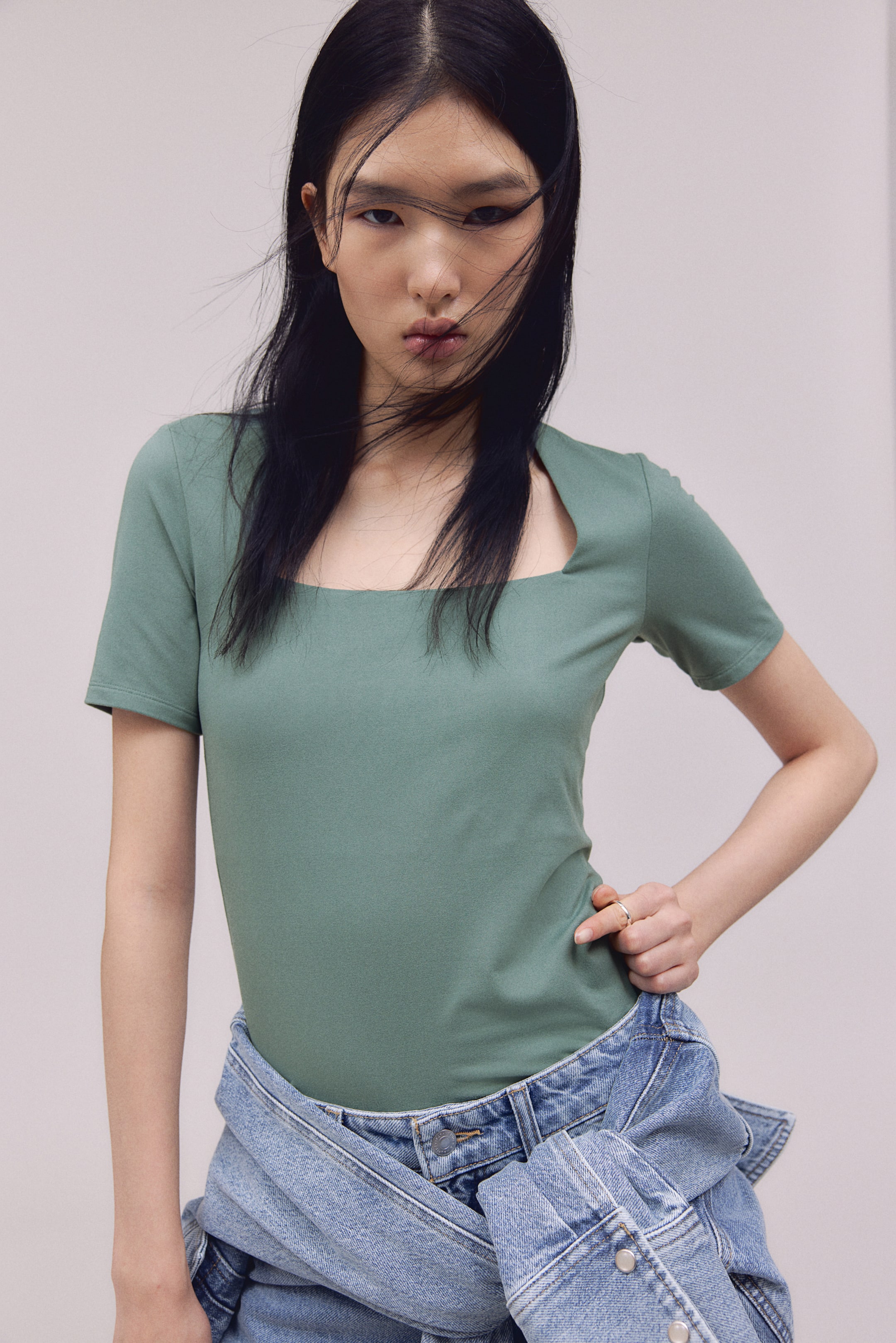 Square-neck top - Dusty green - Ladies | H&M GB