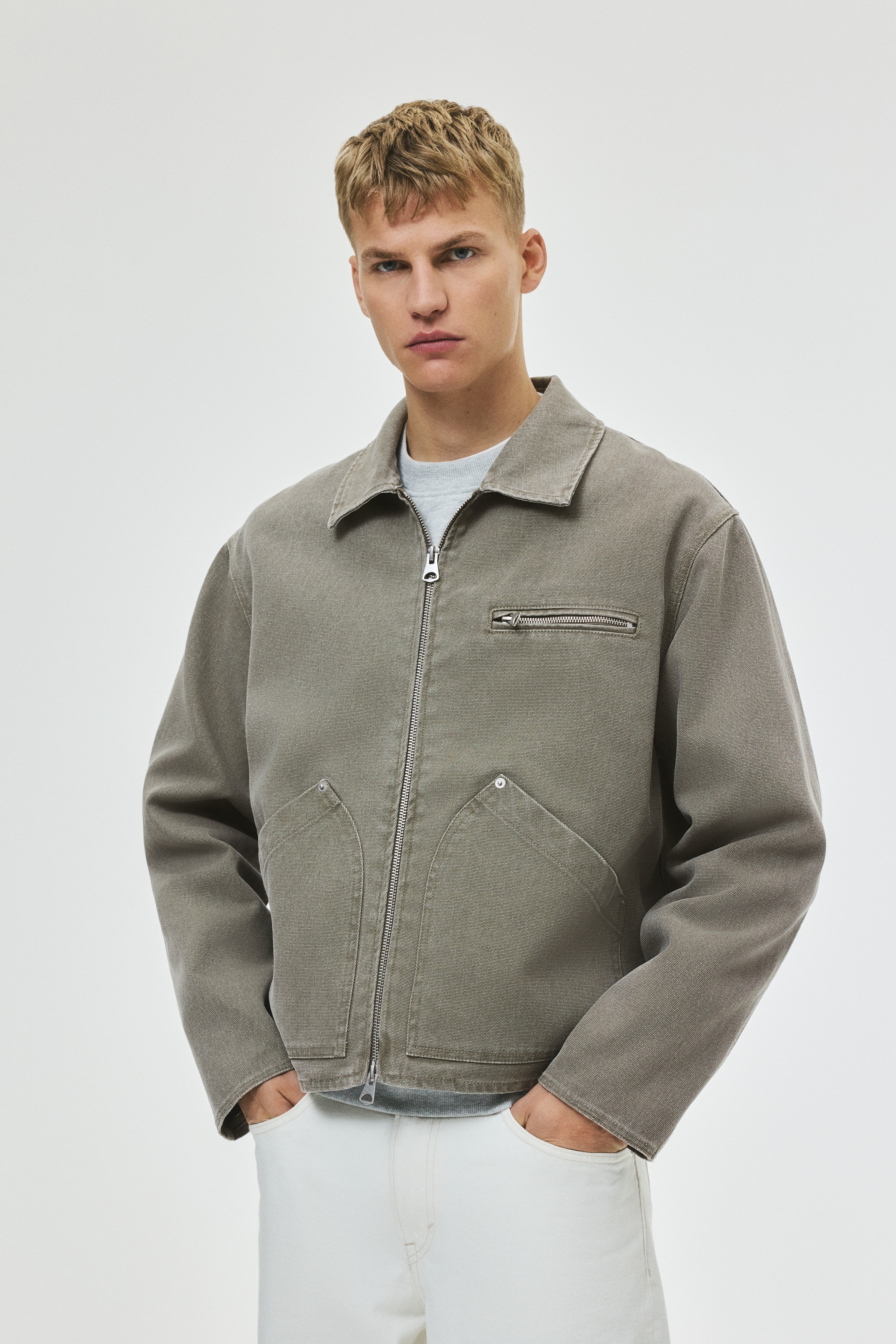 H＆M キャンバスワークジャケット XLサイズ Men's Beige/black Short Canvas Workwear Jacket | H&M US