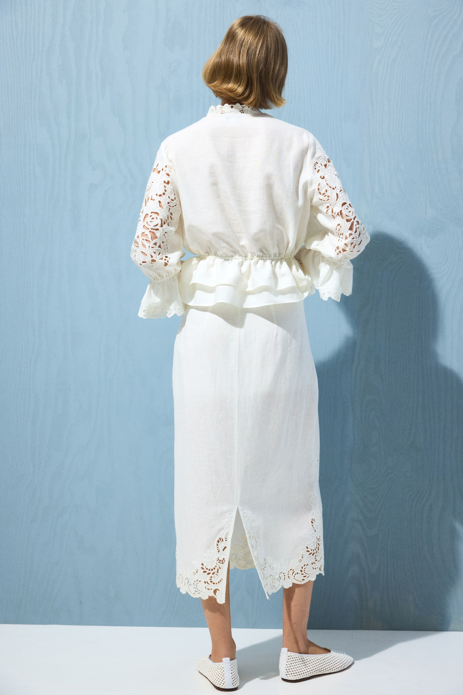 Linen-blend broderie anglaise skirt - White - 5