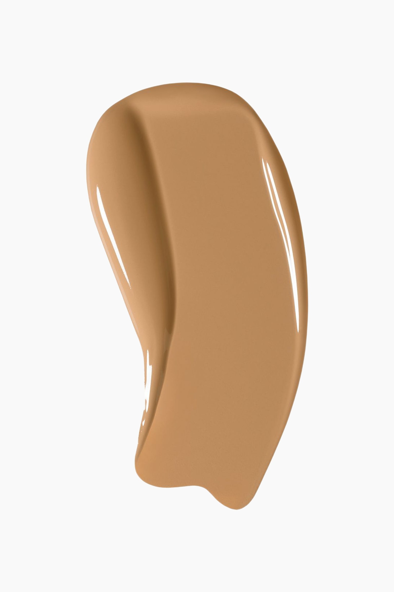 Soft'lit Naturally Luminous Longwear Foundation visar en mjuk, krÃ¤mig flytande swatch i en medelbrun nyans. Det vertikala, bÃ¶jda svepet uppvisar en lysande, reflekterande finish med en tjock, upphÃ¶jd kant lÃ¤ngs vÃ¤nster sida och en bred, jÃ¤mn yta till hÃ¶ger. - 1