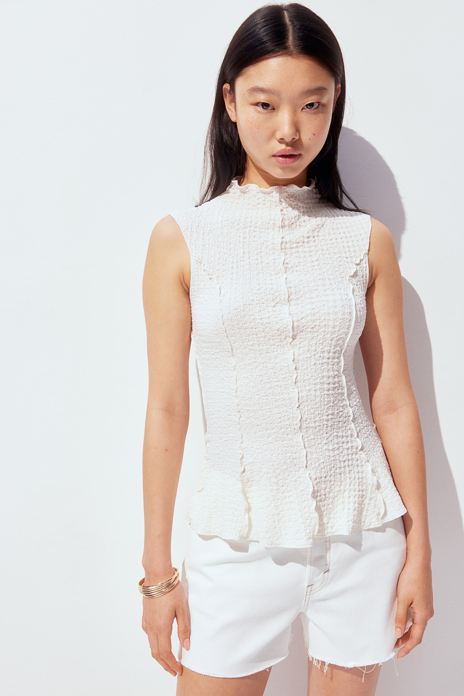 Overlock-detail textured peplum top - Cream/Dark brown/Black - 5