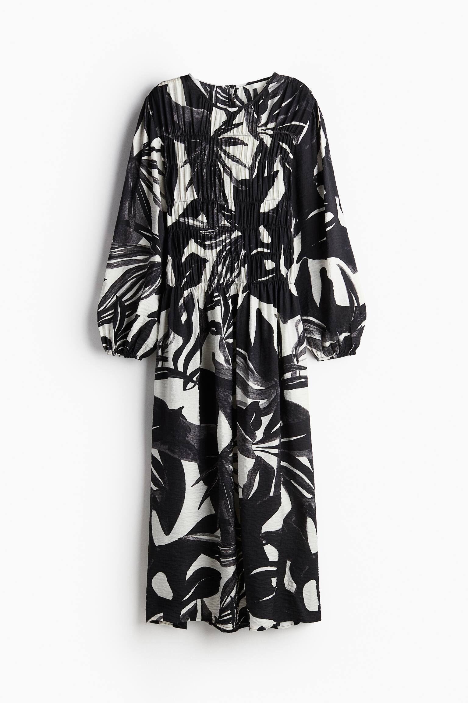 Smocked-bodice dress - Black/Patterned