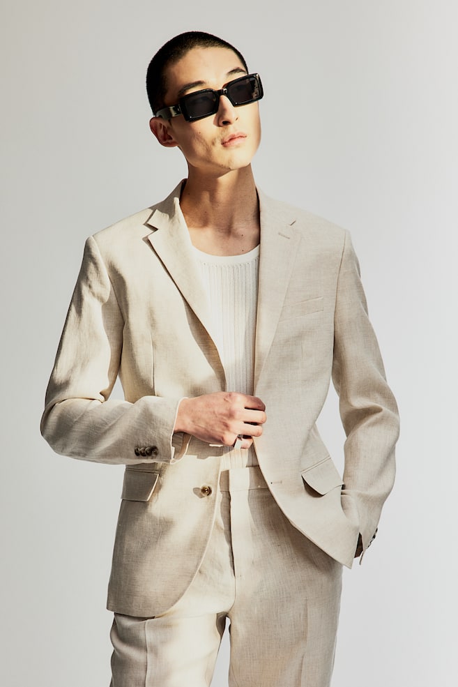 Slim Fit Linen suit trousers - Light beige/Navy blue - 3