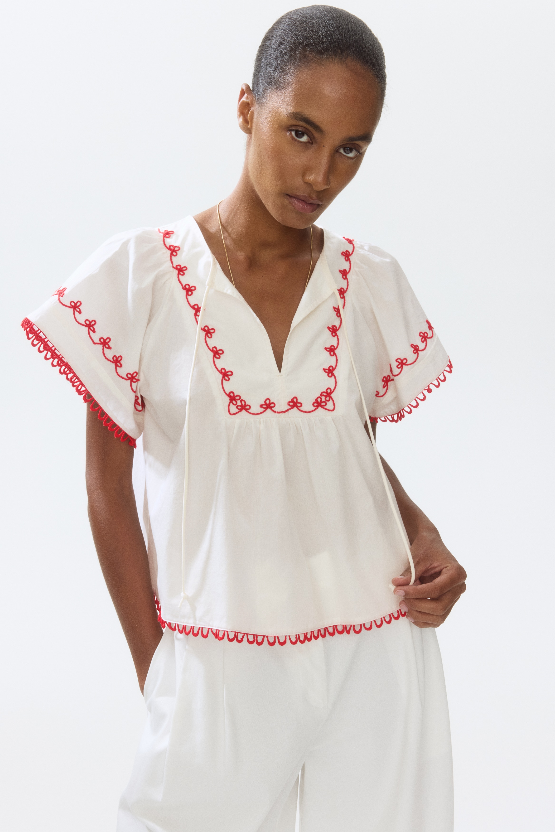 Embroidered cotton blouse - White/Red