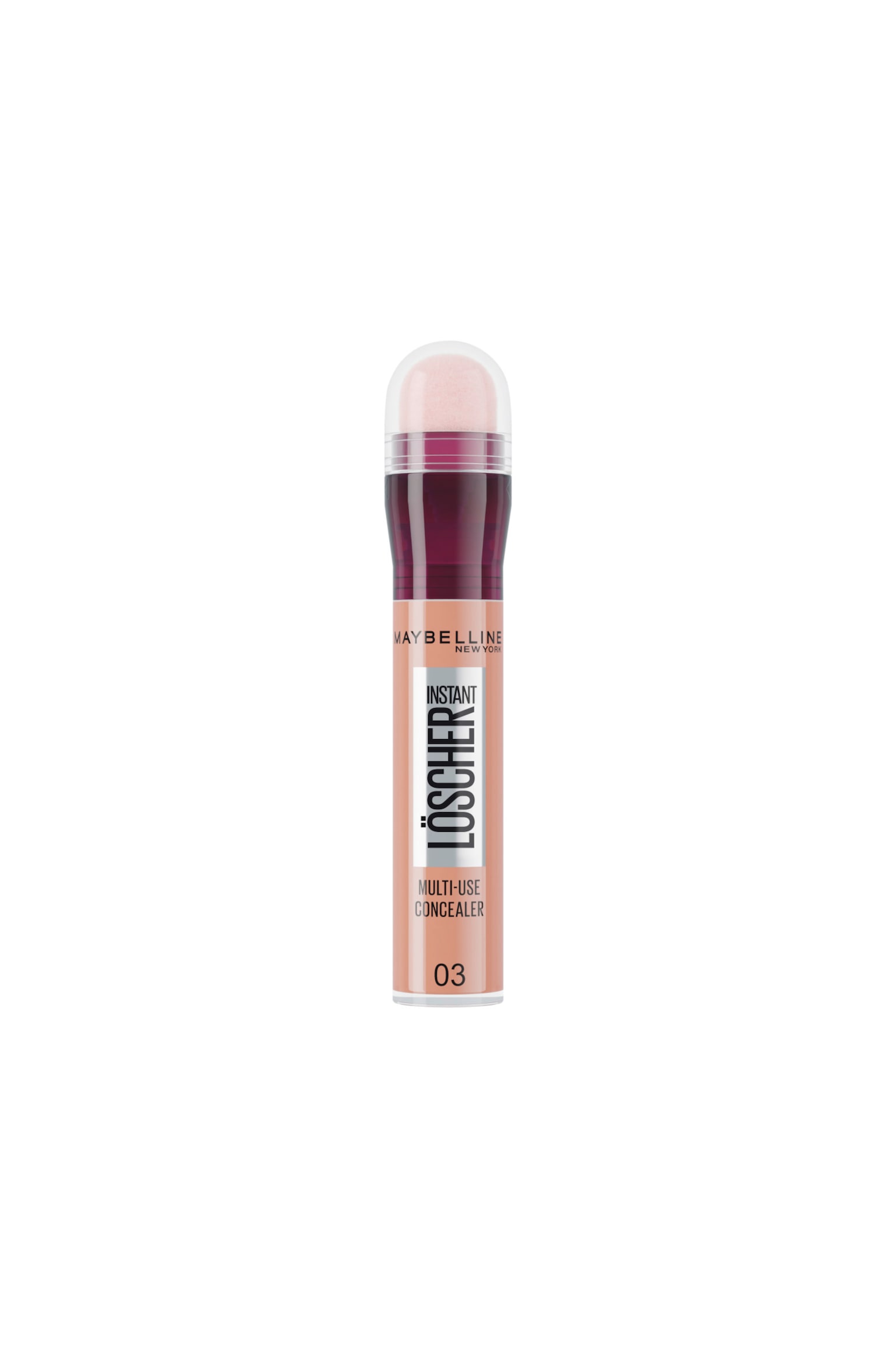 Eine Tube Maybelline Instant Löscher Multi-Use Concealer in der Farbnuance 03 steht aufrecht und zeigt einen zylindrischen Behälter mit einer hellbeigen Flüssigkeit sowie ein nach vorne gerichtetes Etikett. Der obere Teil verfügt über einen abgerundeten Schwammapplikator, der unter einer transparenten Kuppelkappe sichtbar ist und auf einem tief burgunderfarbenen Hals sitzt.