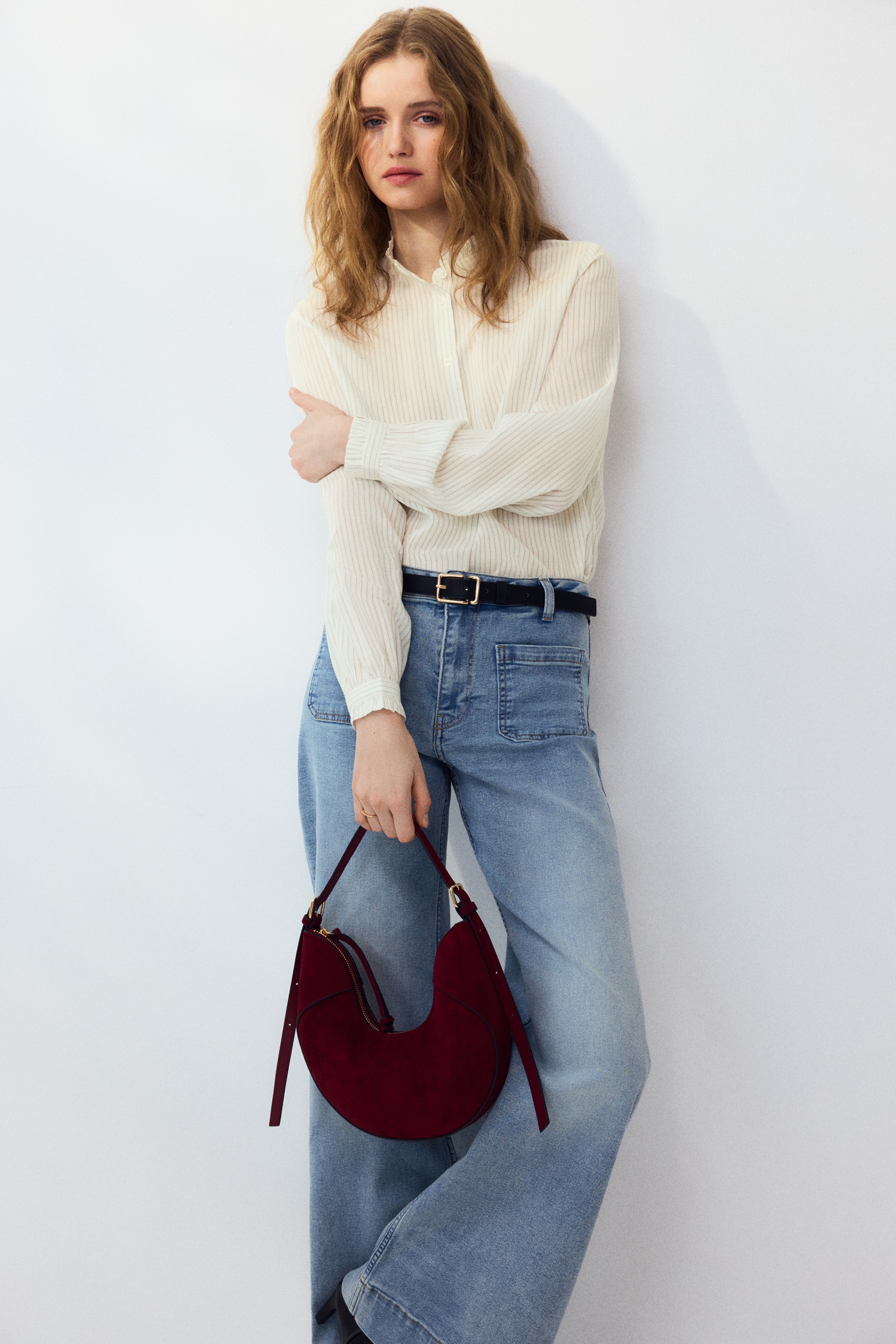 Bluse med flæsekrave - Hvid/Lyseblå/Beige/Ternet