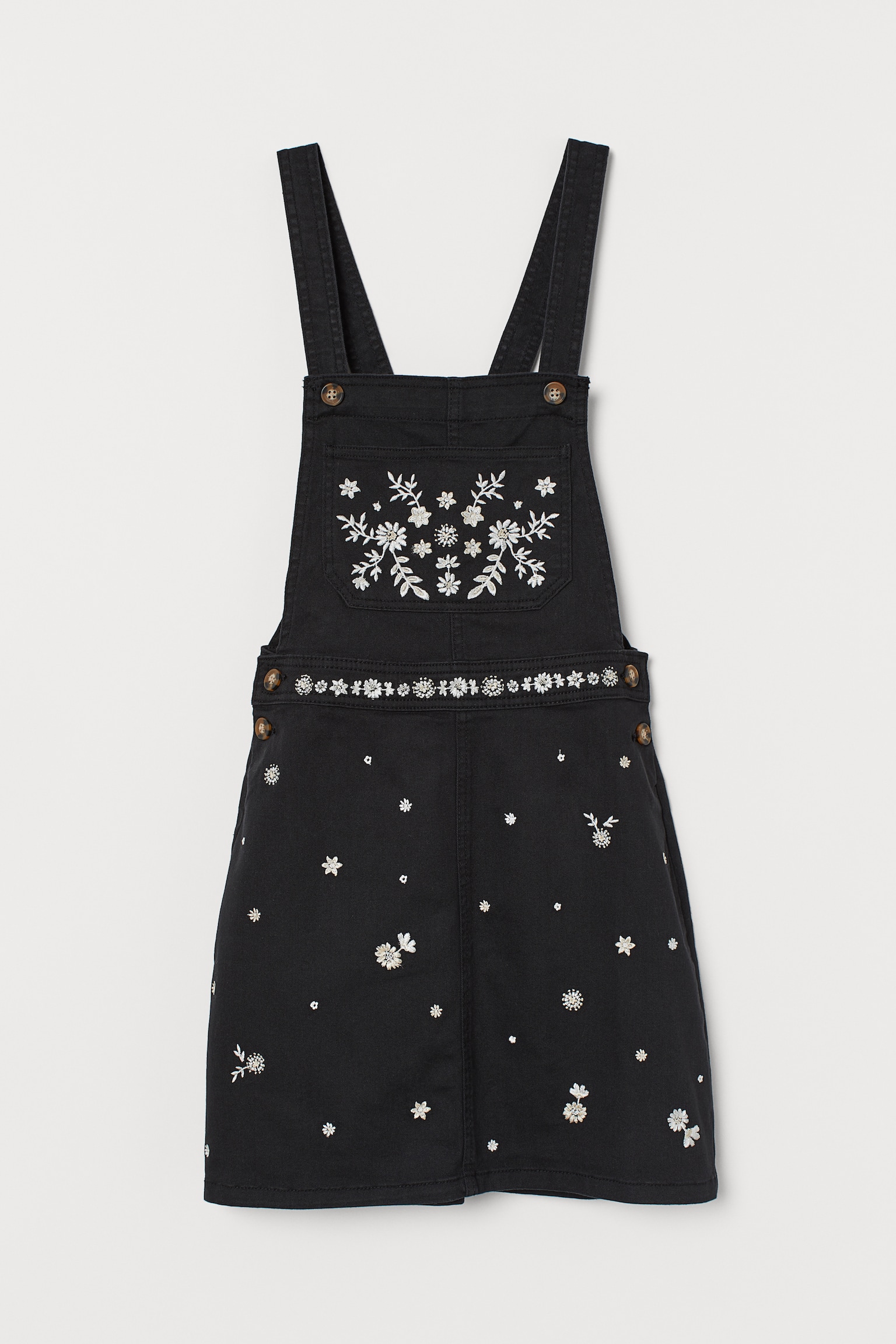 Salopettejurk met borduursel - Zwart/wit bloemen