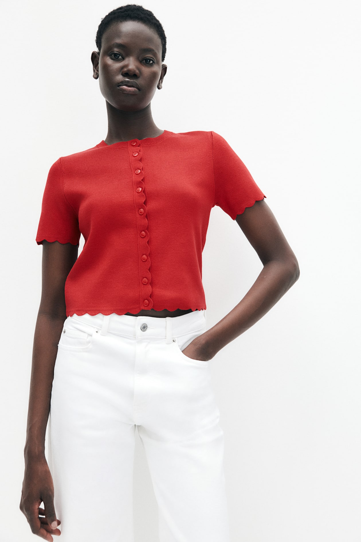 Scalloped fine-knit cardigan Red Ladies H&M IN