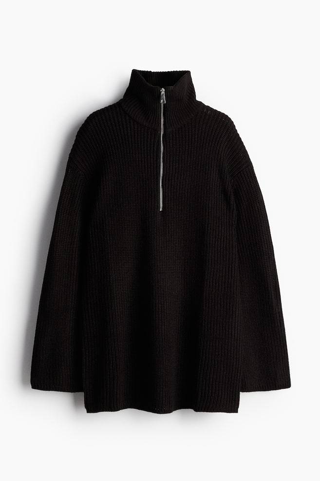 Chunky-knit zip-top jumper - Black/Light beige/Striped - 1