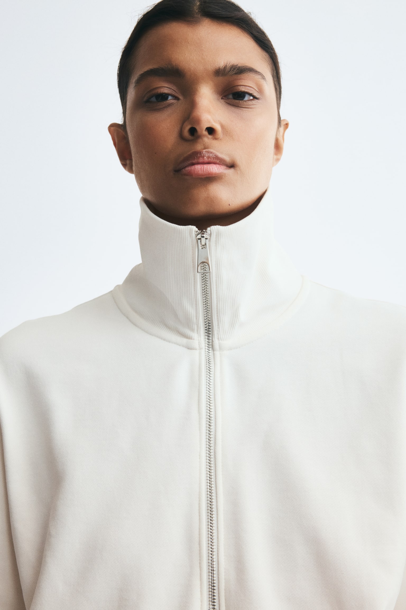 Женское поло H&M Cotton Half-Zip Polo Shirt, цвет: Кремовый — фото 4
