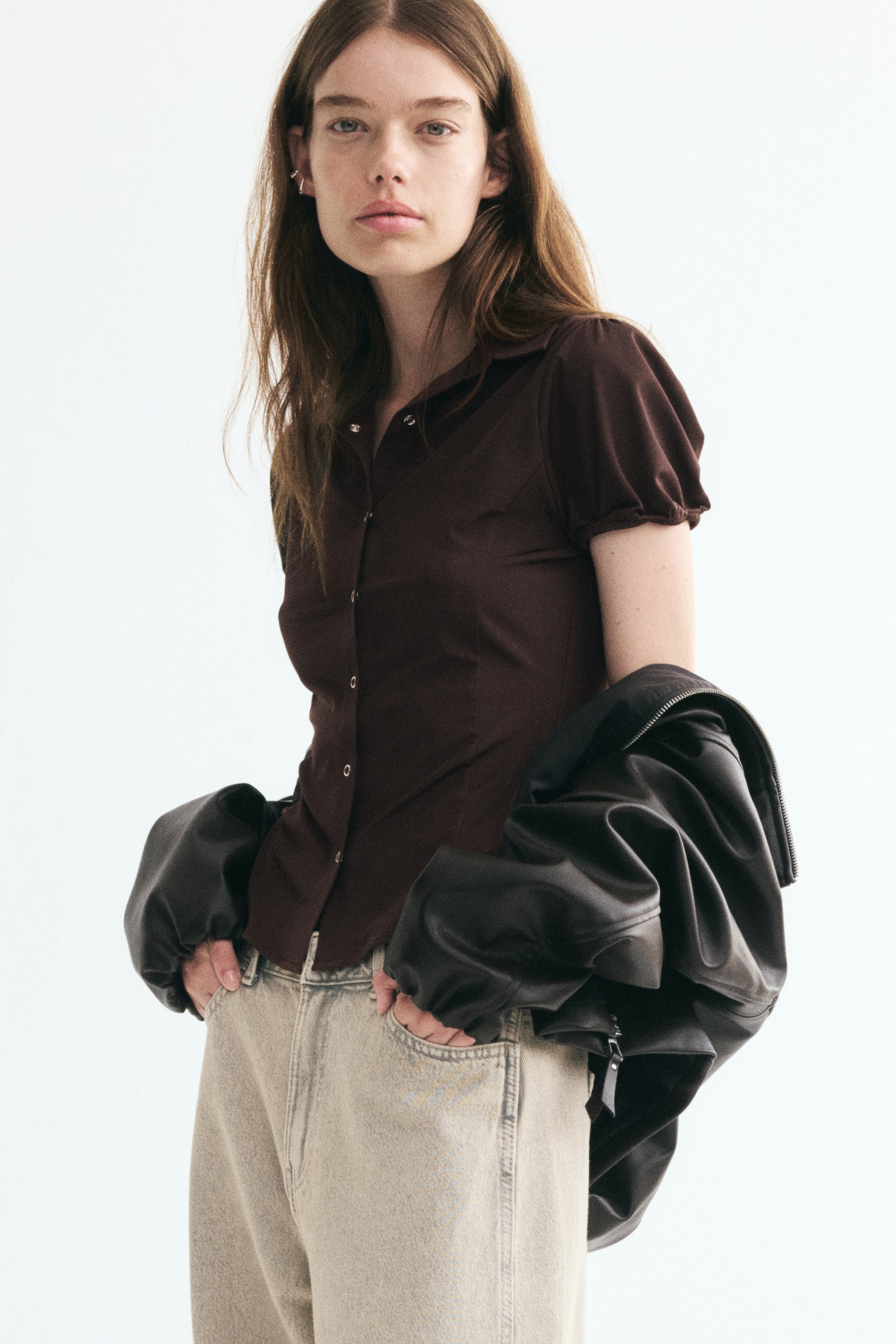 View larger image: Puff-sleeved top - Dark brown - Ladies | H&M 1