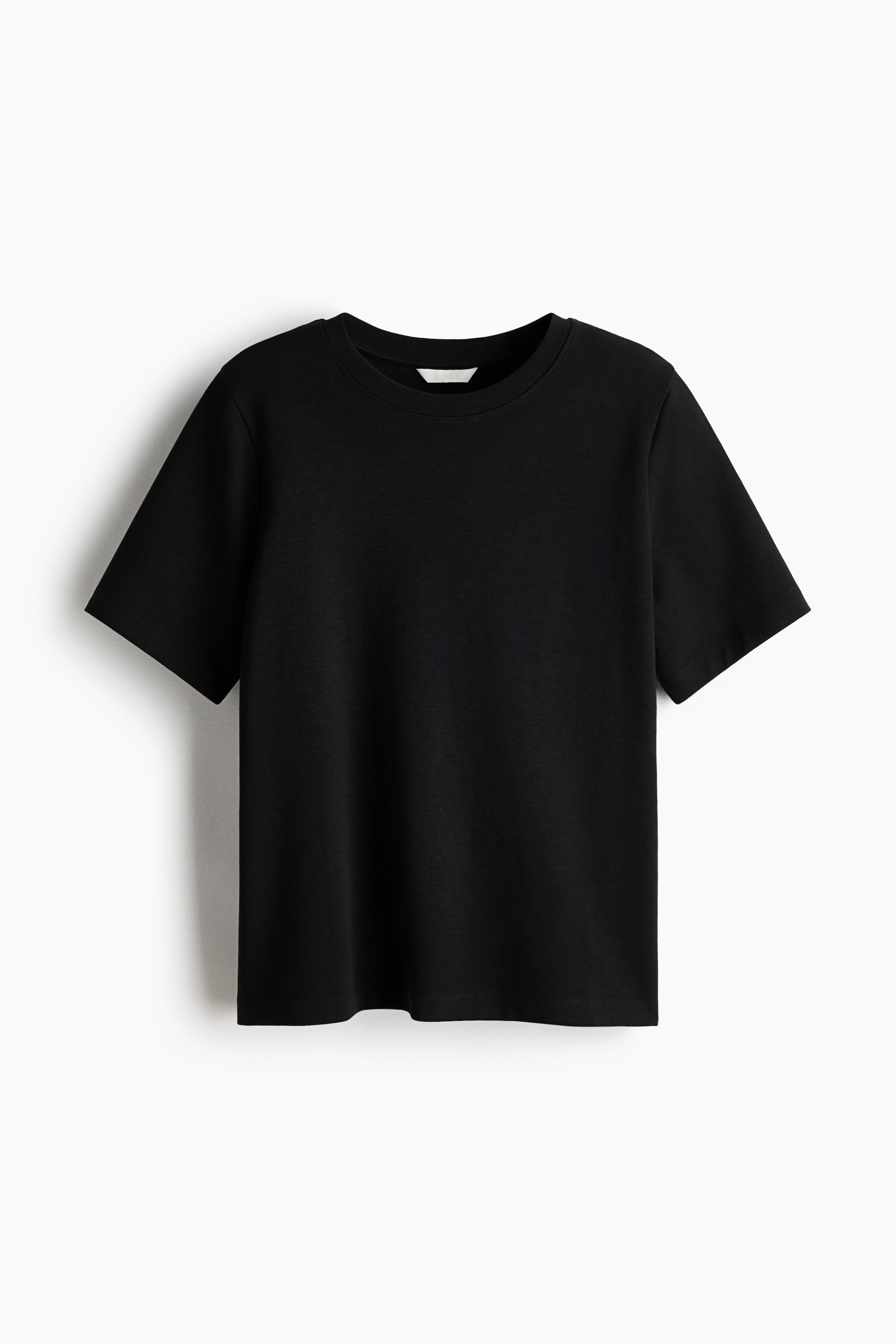 View larger image: A black t-shirt is presenting front-facing, featuring a ribbed crew neck and short sleeves. It is made of a smooth, solid black fabric.