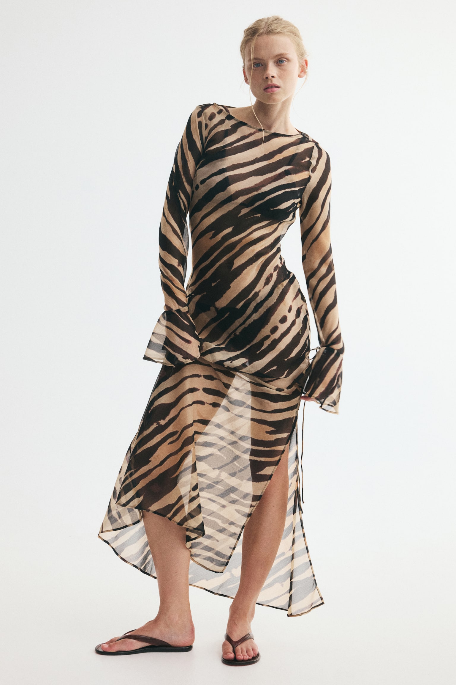 Tie-Detail Chiffon Dress - Dark brown/zebra print - 1