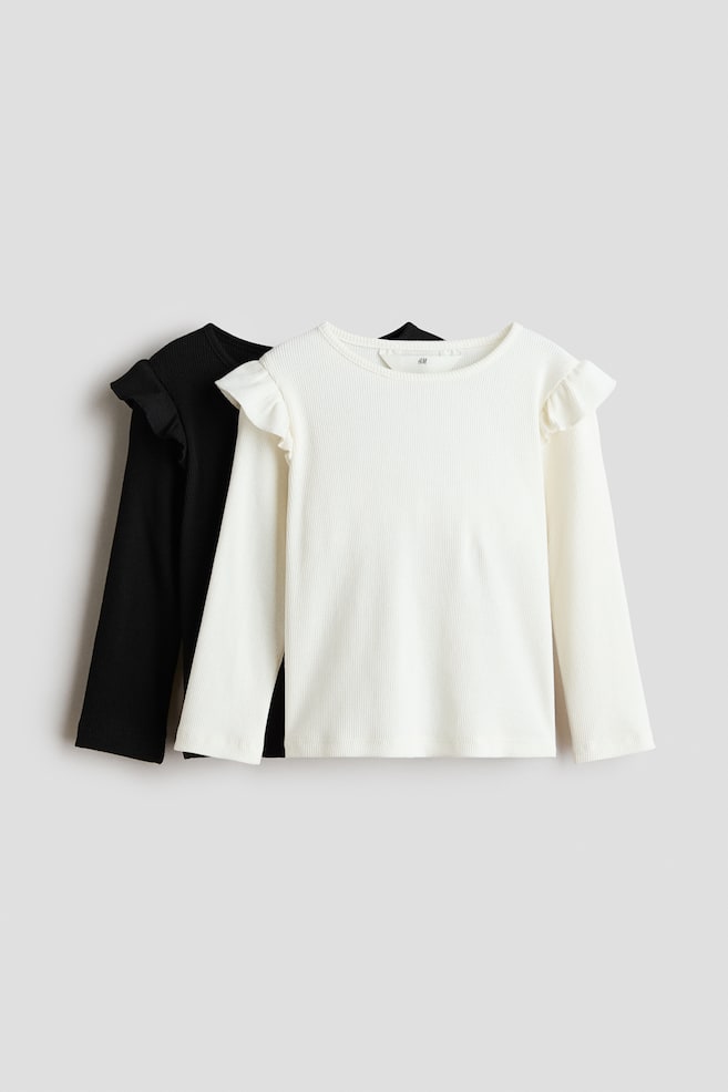 2-Pack Flounce-Trimmed Cotton Tops - Black/cream/Dusty pink/light beige melange/Light pink/cream - 1