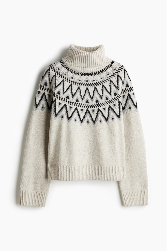 Pull col roulé en maille jacquard - Beige clair chiné/motif/Grège/motif - 1