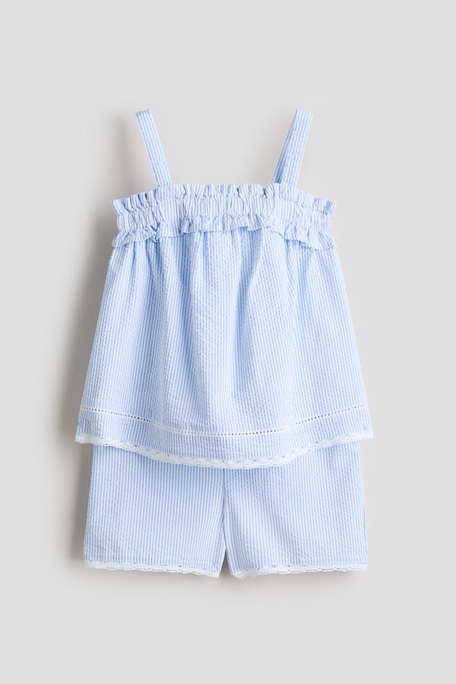 Ensemble 2 pièces en seersucker de coton - Bleu clair/rayures blanches - 1