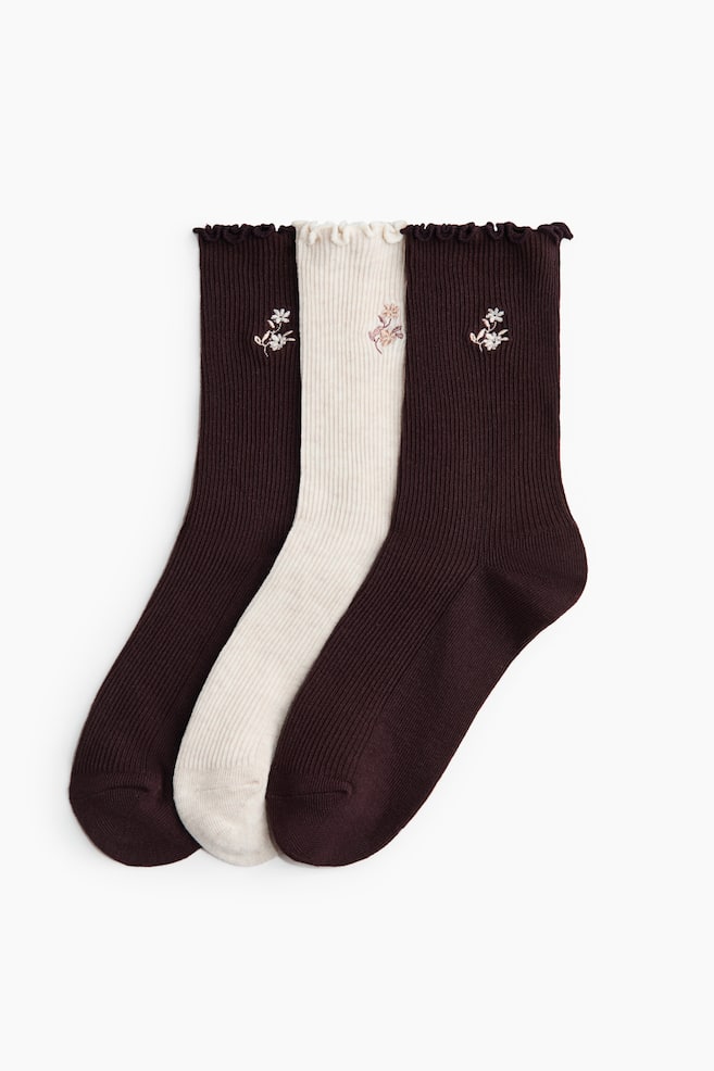 Calze con dettaglio a overlock 3 paia - Marrone scuro/fiori/Bordeaux/talpa/crema/Crema/fiori/Rosa cipria/glitter/Rosa/bianco/Bianco/fiori - 1